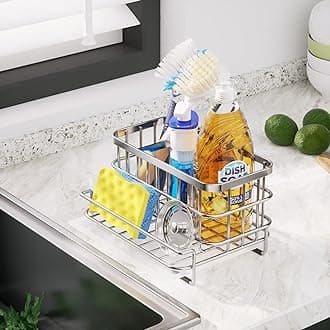 HapiRm Multifunctional Kitchen Sink Caddy, Sponge Holder for Kitchen Sink with Drain Tray, SUS304 Stainless Steel Rustproof Kitchen Sink Organizer Storage Accessories for Countertop- Silver
