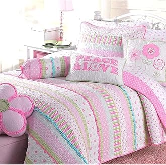 Cozy Line Home Fashions Pink Polka Dot Flower Girl 100% Cotton Reversible Quilt Bedding Set, Coverlet, Bedspread (Greta Pastel, Queen- 6 Piece: 1 Quilt + 2 Shams + 3 Decor Pillows)