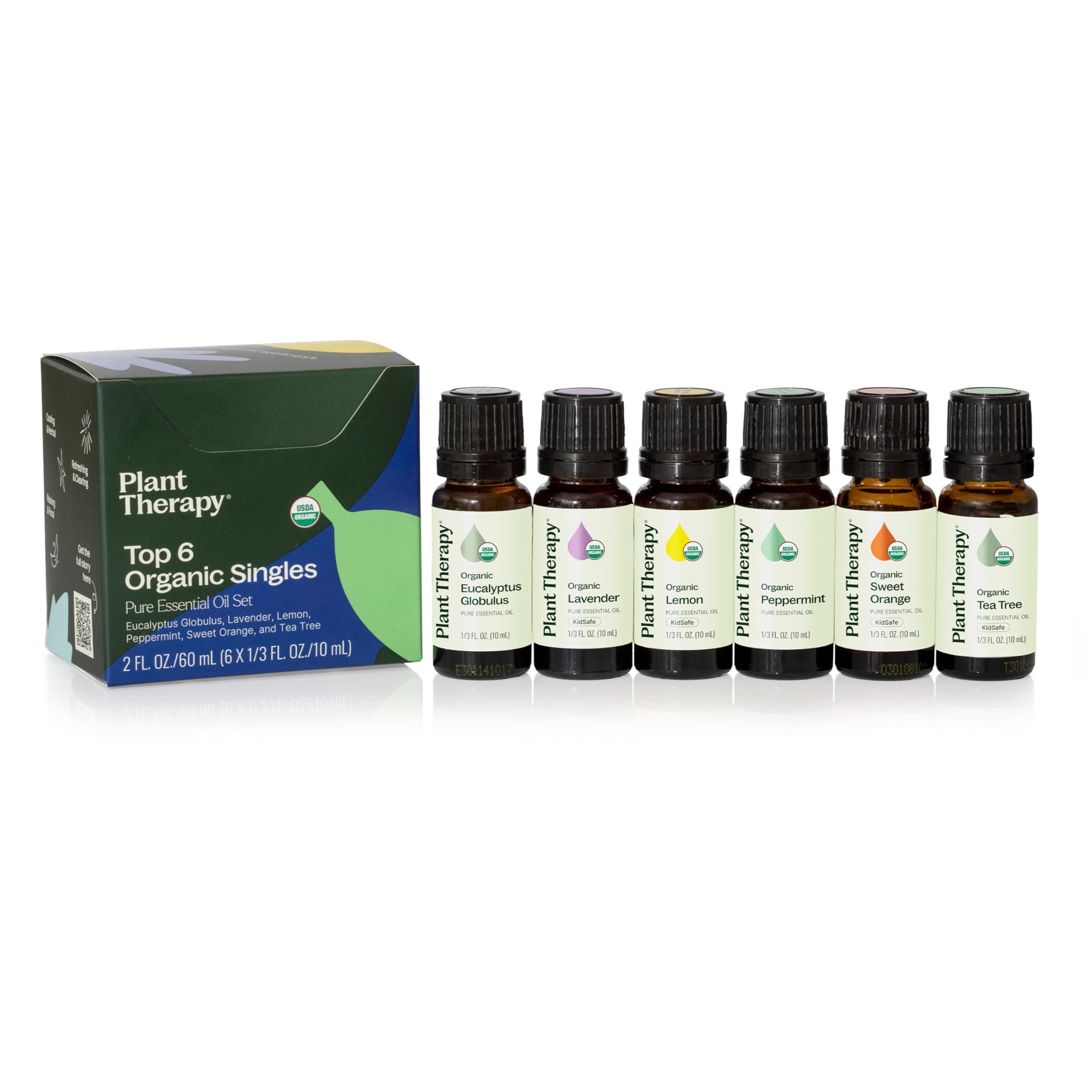 Top 6 USDA Certified Organic Essential Oils Set. Includes: Eucalyptus, Lavender, Orange, Peppermint, Lemon and Tea Tree. 10mL (1/3 Ounce) each.