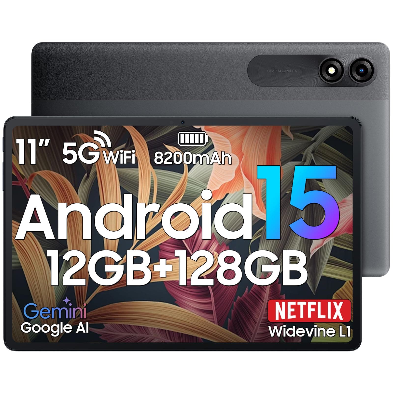 Tablets 11 inch Android 15, Tab 90WiFi with Gemini Ai 2.0, 12GB+128GB/2TB TF, Octa-core CPU, Widevine L1, 5G WiFi Tablets, 8200mAh/Fast Charge, 120HZ/13MP+8MP Ai Camera/Face ID, Gray