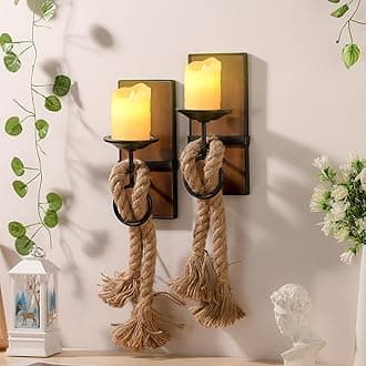 Wall Sconce Candle Holder Black Wall-Mount Metal and Wooden Candle Holders Hanging Iron Wall Candle Sconce Holder with Hemp Rope Decoration, for Home, Living Room, Bathroom, Dining Room, Set of 2