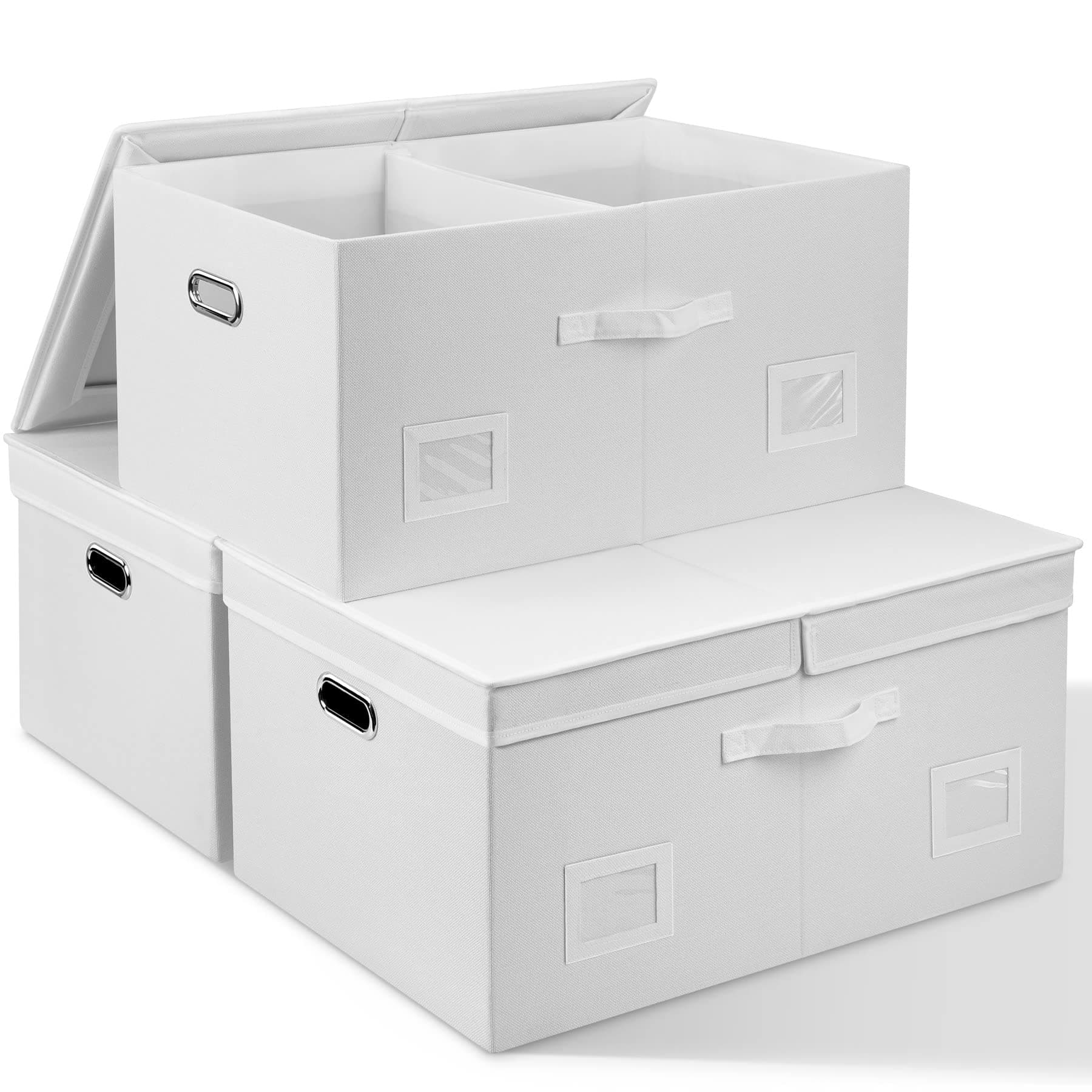 75 Quarts Extra Large Decorative Storage Bins with Lids, 3 Packs White Collapsible Storage Bins with Lids, Stackable Storage Bins Decorative Box Storage With Lid Extra Large