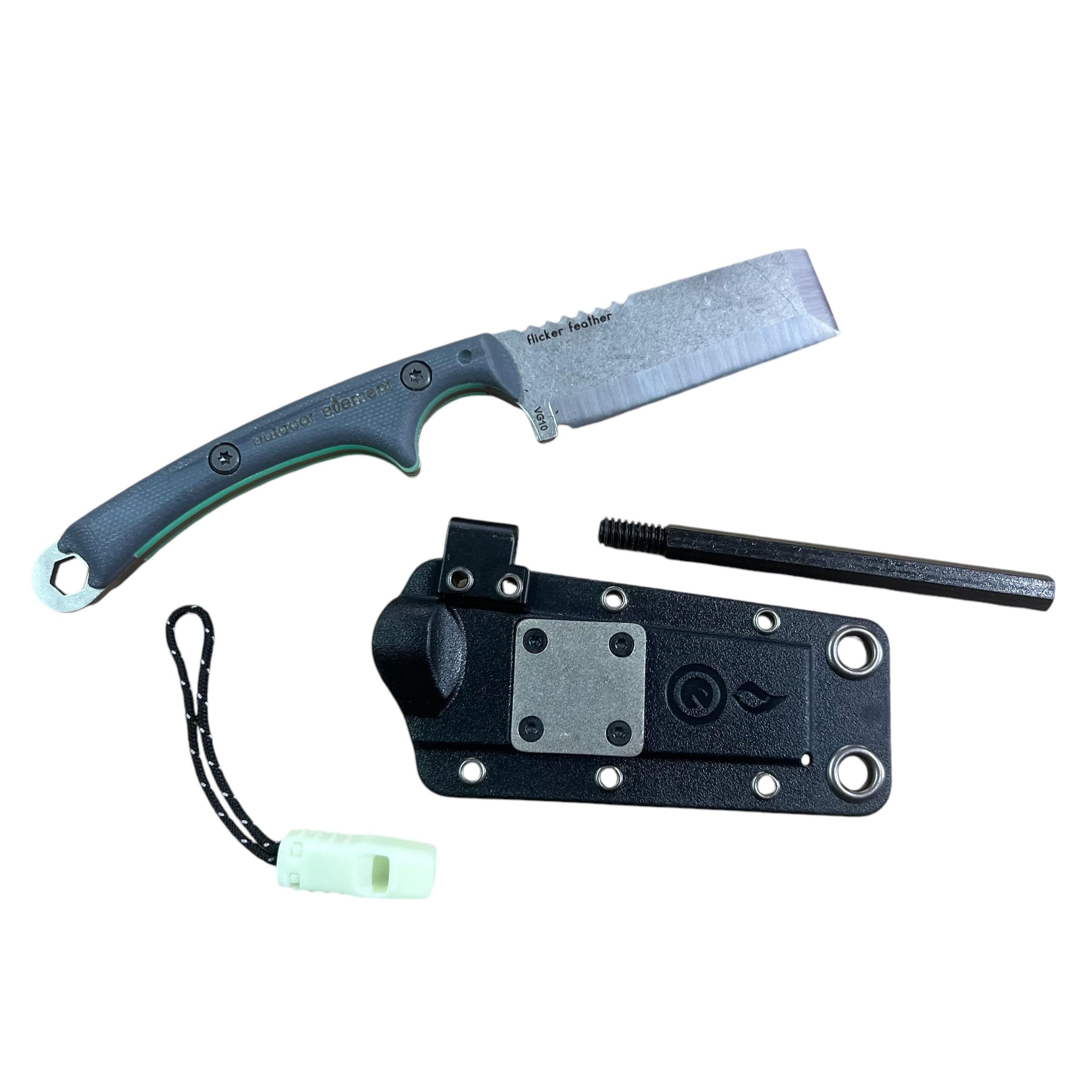 Glow Flicker Feather - Right Handed - Survival EDC Chisel Blade - Camping, Woodworking, Bushcraft Knife - Sheath with Built In Sharpener and Replacable Ferro Rod - 115dB Emergency Whistle