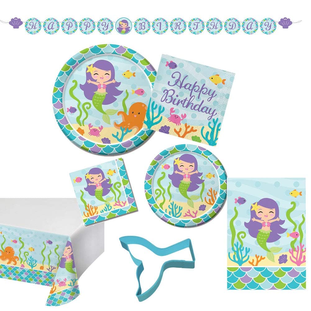 Mermaid Ultimate Disposable Tableware Party Kit, Serves 16, bundle of 9 items: Large and small plates and napkins, happy birthday banner, treat bags, table cover, cupcake cookie cutter