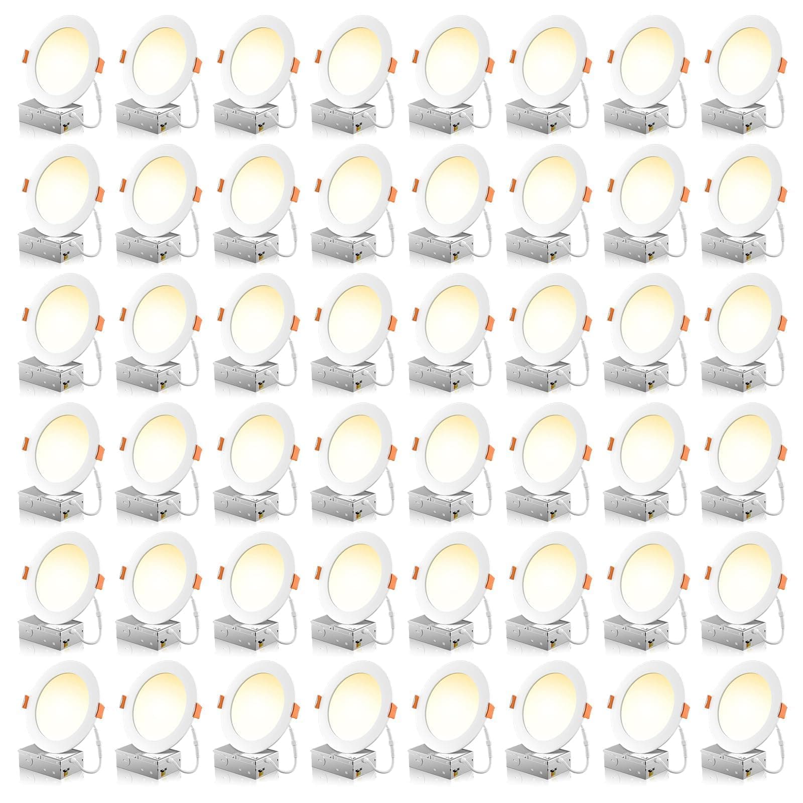 48 Pack 6 Inch 5CCT Ultra-Thin LED Recessed Ceiling Light with Junction Box, 2700K/3000K/3500K/4000K/5000K Selectable, 1050LM Brightness, Dimmable Canless Wafer Downlight, 12WEqv110W ETL&FCC