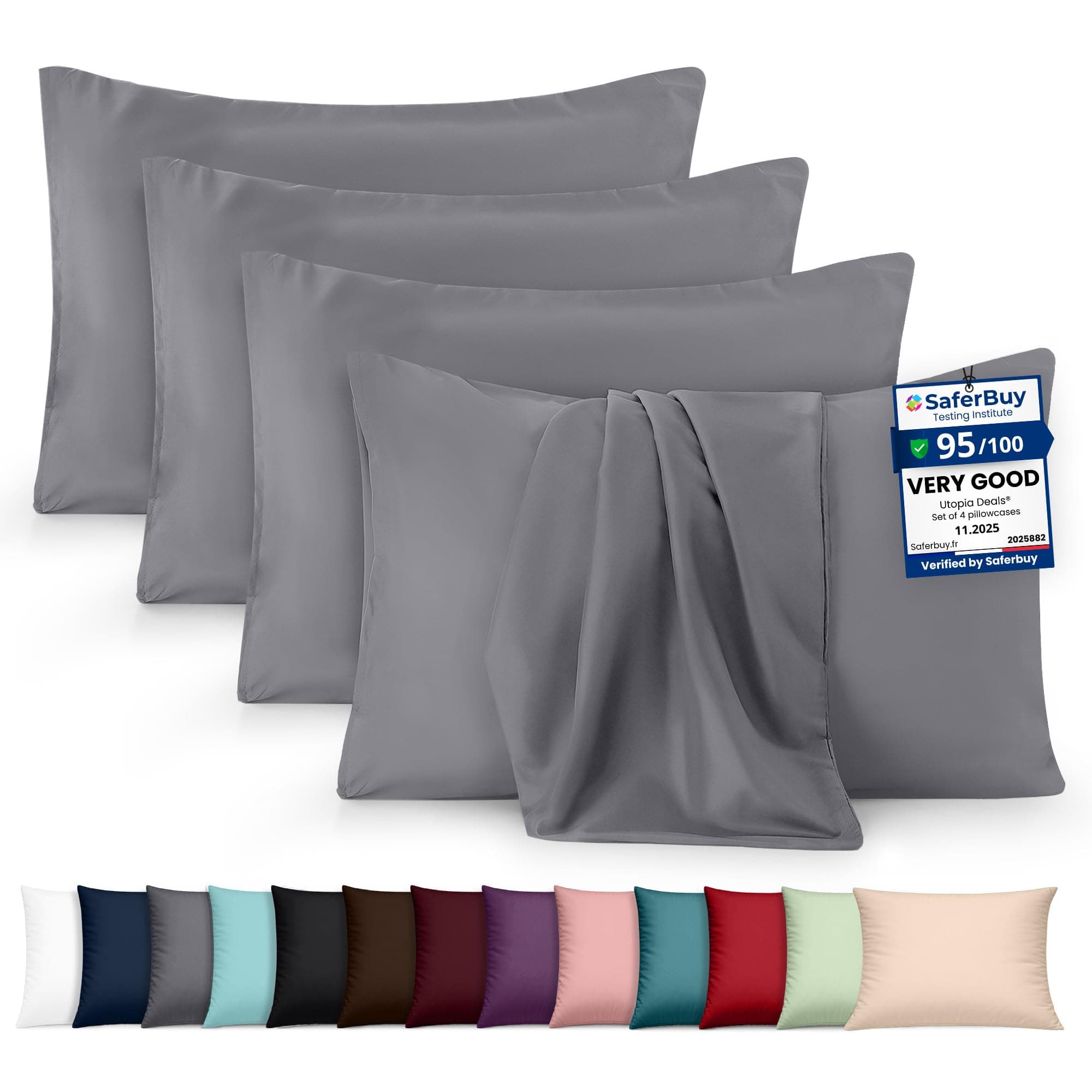 Utopia Bedding - 4 Pack Pillow Cases - OEKO-TEX - Standard Size 50x75 cm - 100% Brushed Microfiber Pillowcases with Envelope Closure, pillows not included - Wrinkle, Fade, & Stain Resistant - Grey