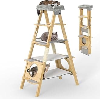 GDLF Modern Wood Cat Tree Foldable Ladder Design with Hammock & Sisal Scratch Post, Solid Wood Tall Tower for Large Cat Easy Clean 60" H