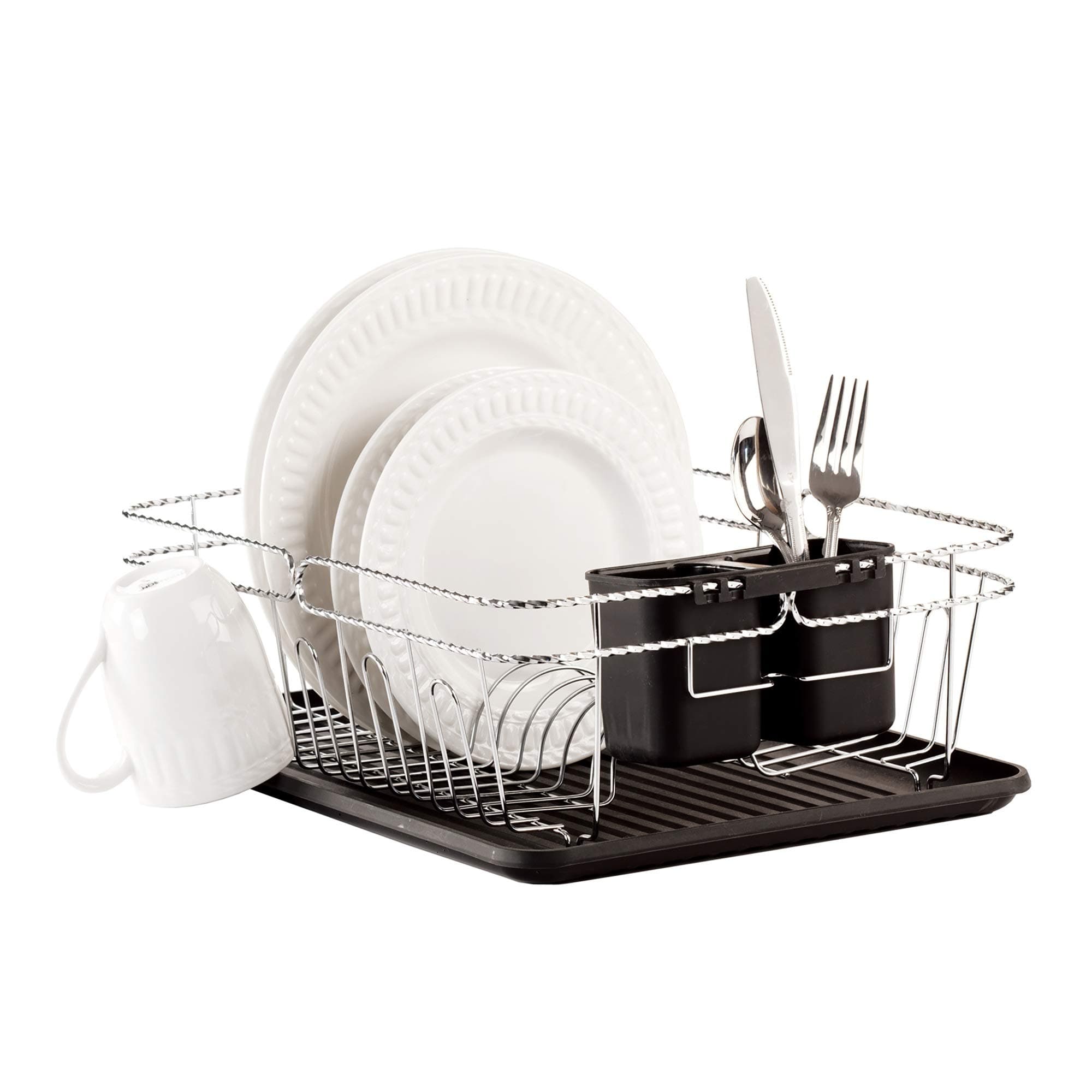 Kitchen Details 3 Piece Twisted Chrome Dish Drying Rack | Cutlery Basket | Drain Tray | Countertop | Sink | Black