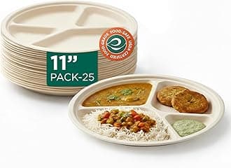 ECO SOUL | Round 4 Compartment Bagasse Plates | 11 Inch - Pack of 25 | Disposable Plates Big Size | Beige Eco-Friendly Sugarcane Pooja Plates | Sturdy, Compostable & Heat-Safe