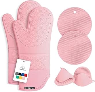 6pcs Oven Mitts and Pot Holders Sets for Kitchen, Extra Long Non-Slip Silicone Oven Gloves Heat Resistant 500 Degrees Potholders Hot Pads for Baking Cooking, Quilted Liner, Pink