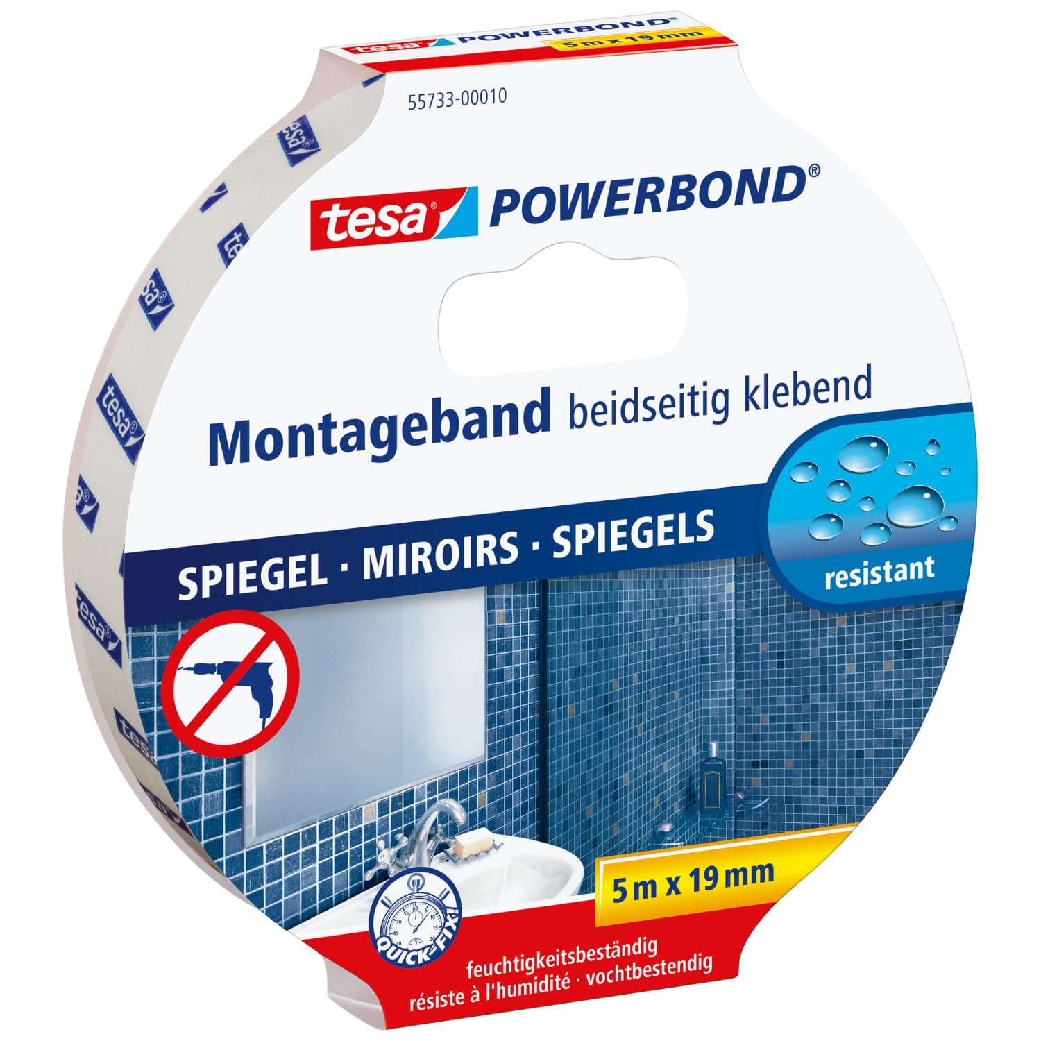 tesa Powerbond Mirror - Double-Sided Mounting Tape for Mirrors - Humidity-Resistant Adhesive Tape for Bathrooms and Showers - 5 m x 19 mm