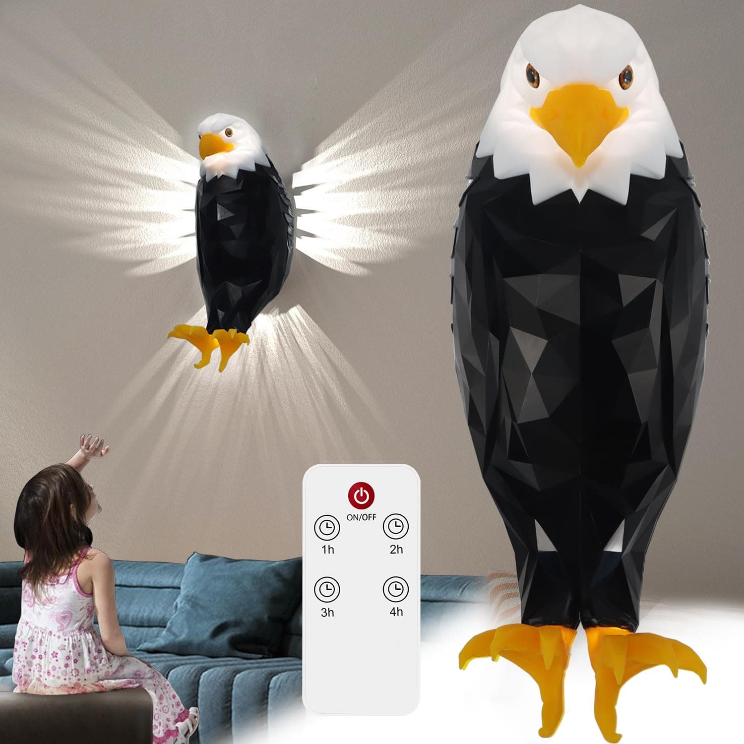 Bald Eagle Wall Light, American Animal Bird Wall Night Light, Magnetic Led Wall Mounted Eagle Lamp, with Remote Control, USB Charging, Battery Operated & Removable Charging Eagle Light for indoors