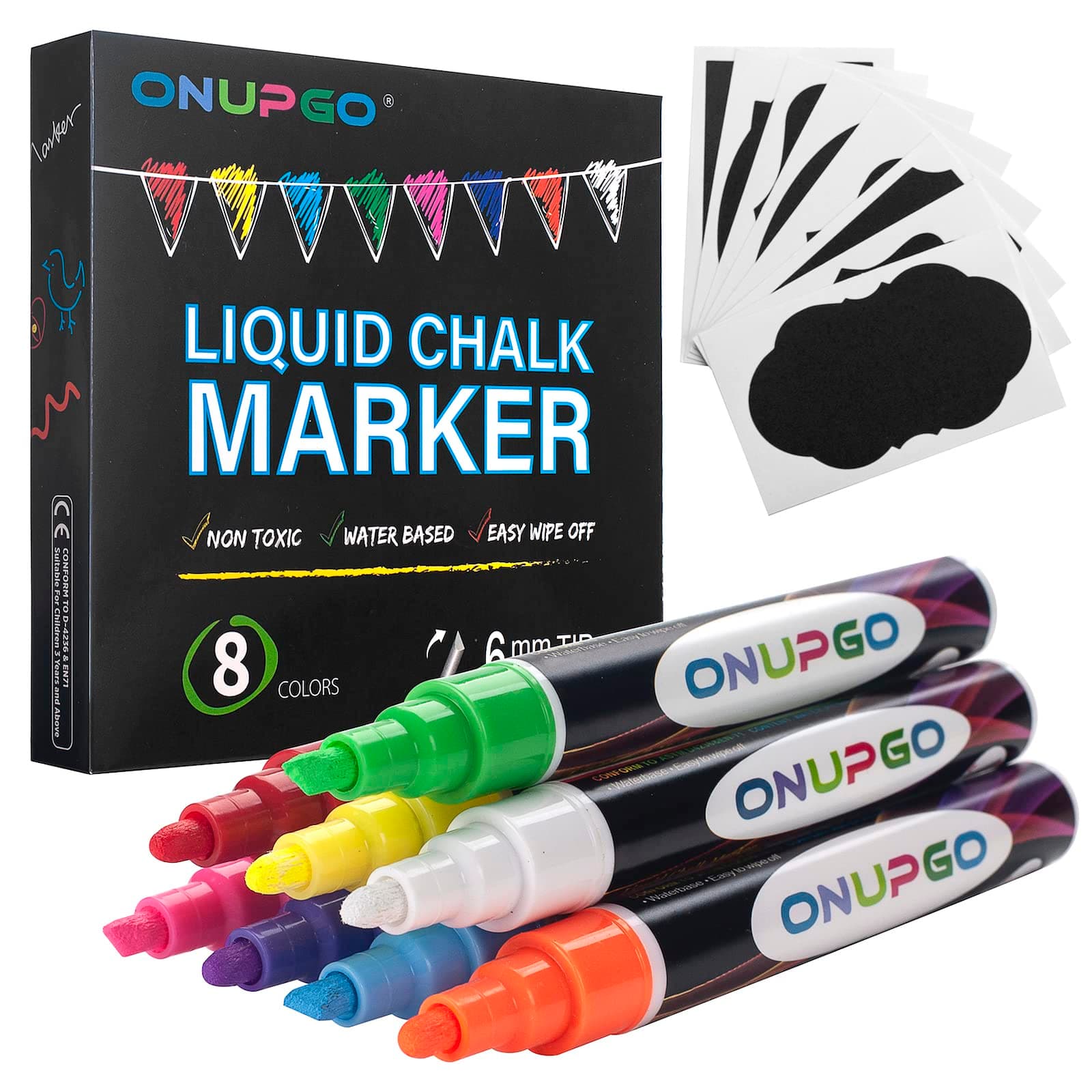 Erasable 8 Pack Colored Chalk Pens with 6mm Reversible Bullet & Chisel Tips