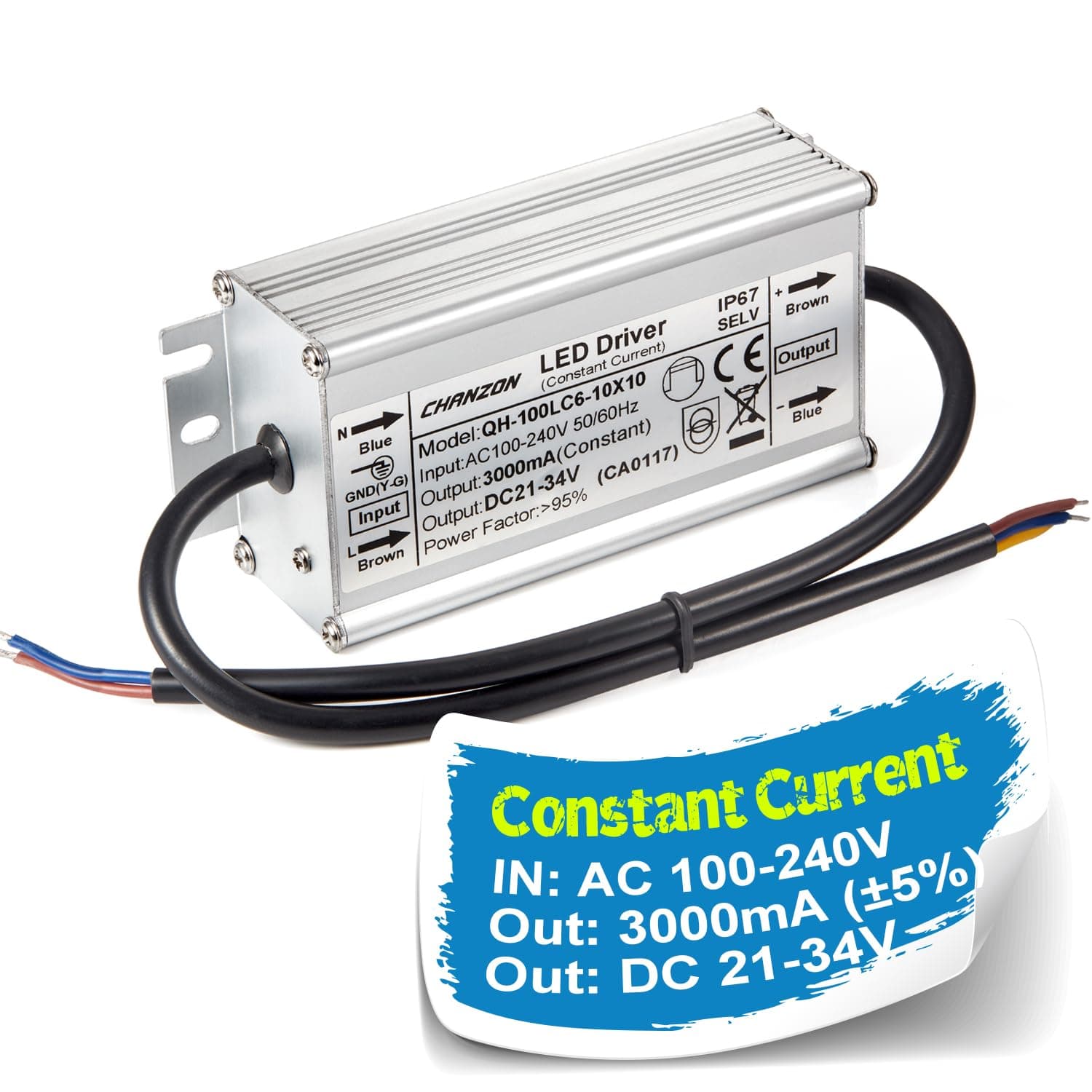 Chanzon LED Driver 3000mA (Constant Current Output) 21V-34V (in 110V-240V AC-DC) 100W IP67 Waterproof High Power Supply 3000 mA Lighting Transformer for 100 W COB Chips (Aluminium)