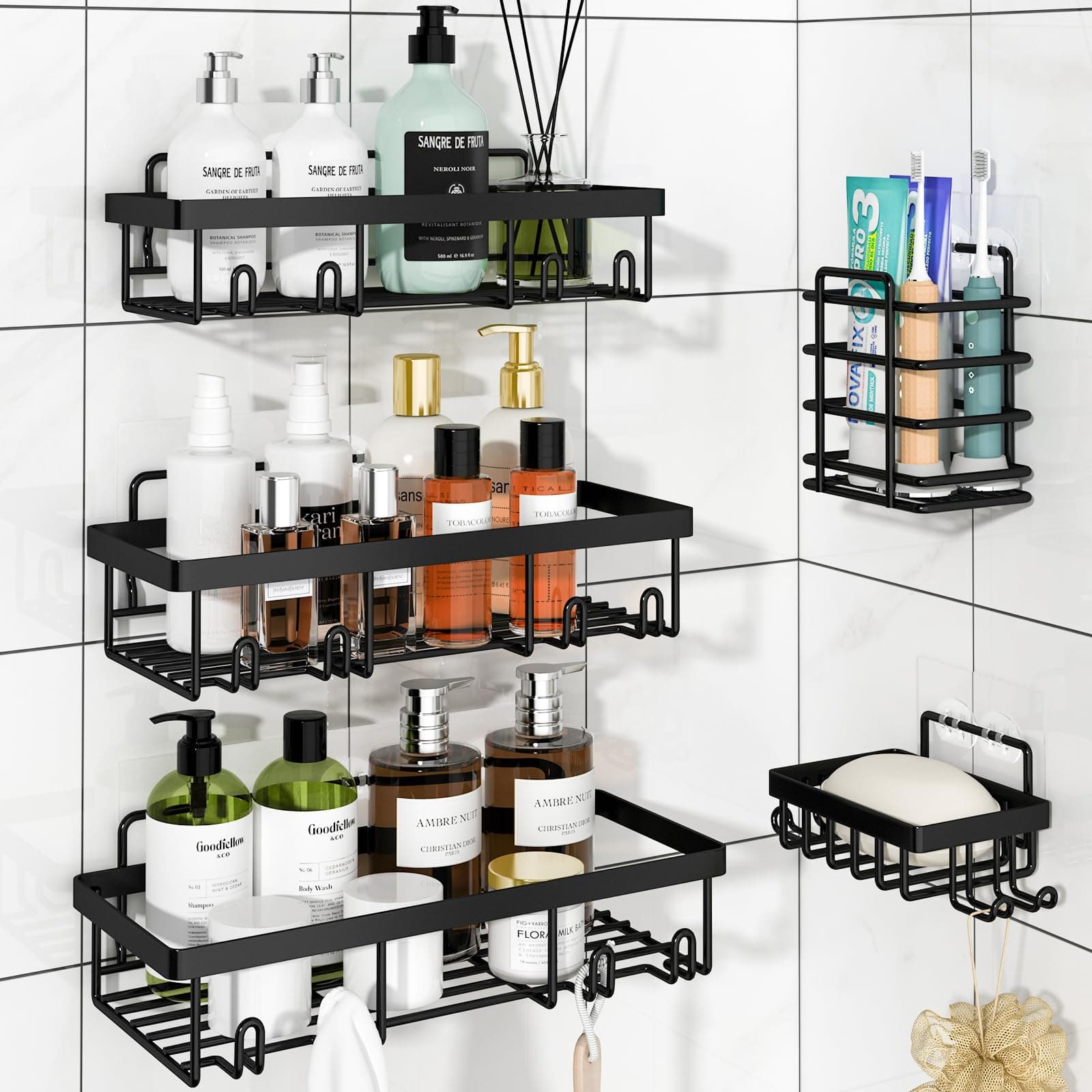 Liuoud 5 Pack Shower Caddy Organizer Rack Shelf for Inside Shower, Adhesive Bathroom Wall Storage Basket Rustproof Stainless Steel Shampoo Holder, Bathroom Accessory Decor Set, Black.