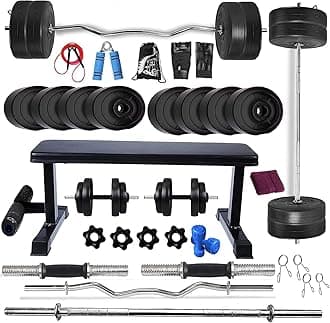 BODYFIT Home Gym Set Combo Kit, Equipment, (20Kg-100Kg) Weight Plates, 3Ft Curl, 5Ft Plain Rod, Flat with Leg Bench,2 x Dumbbell Rods,Fitness Exercise Set. (46 Kg Set)