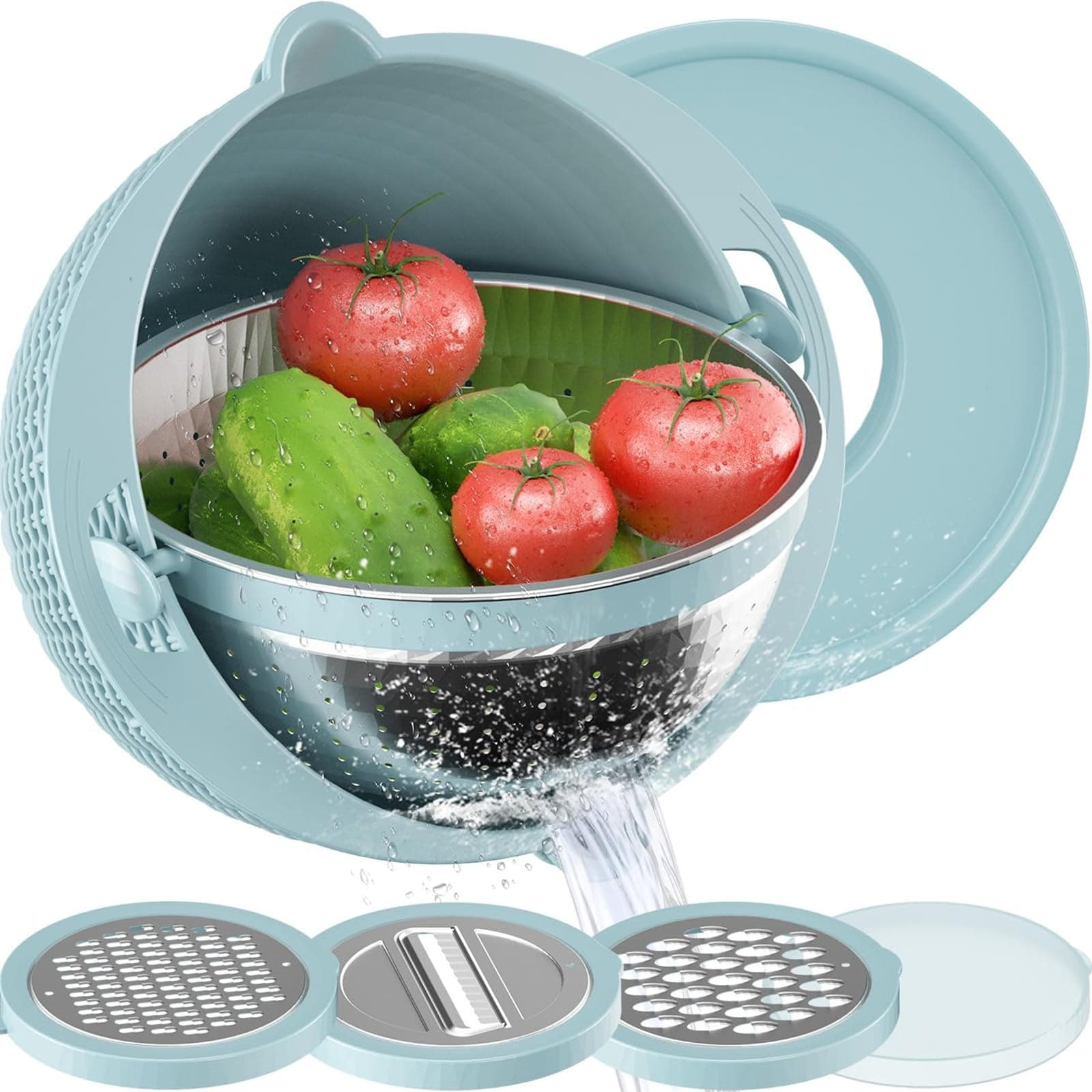 4-1 Colander with Mixing Bowl Set - Strainers for Kitchen, Food Strainers and Colanders, Pasta Strainer, Rice Strainer, Fruit Cleaner, Veggie Wash, Salad Spinner,Apartment & Home Essentials (Blue)