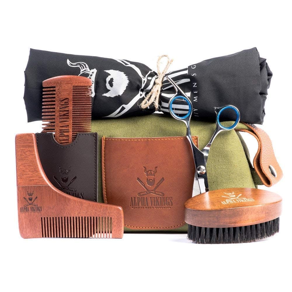 Beard Care Grooming Kit for Men. Beard Brush, Barber Scissors, Beard Shaper, Apron, Comb with Leather Pouch. Canvas Bag for Beard Growth Lovers. Xmas Gift for Him