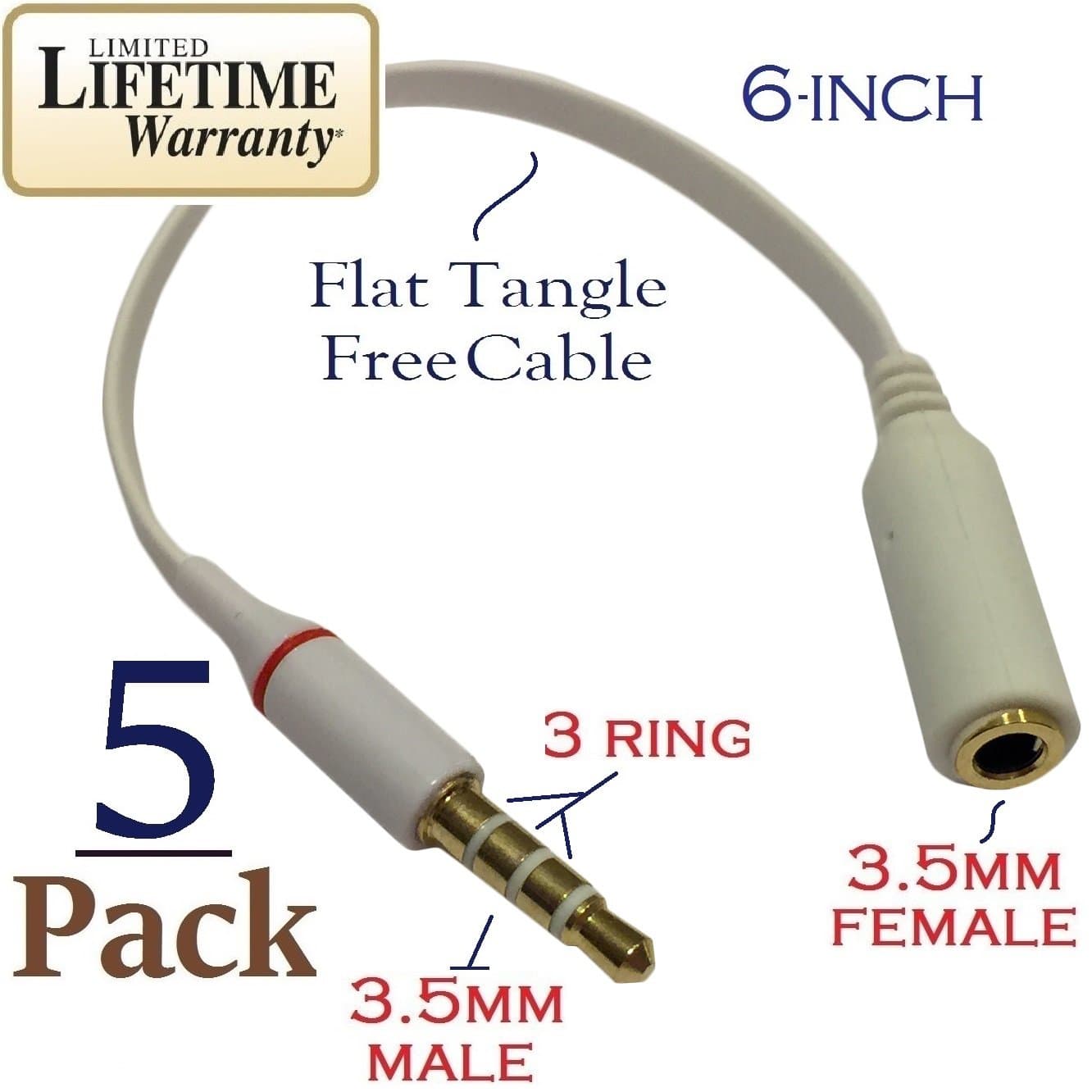 Josi Minea 5 Pcs 3.5mm Headphone Extender Adapter Flat Tangle Free Cable with Gold Plated 3 Ring Jack for Apple iPhone/iPad, Samsung Galaxy Phone/Note, Most Smartphones & Tablets [5 Pack - White]