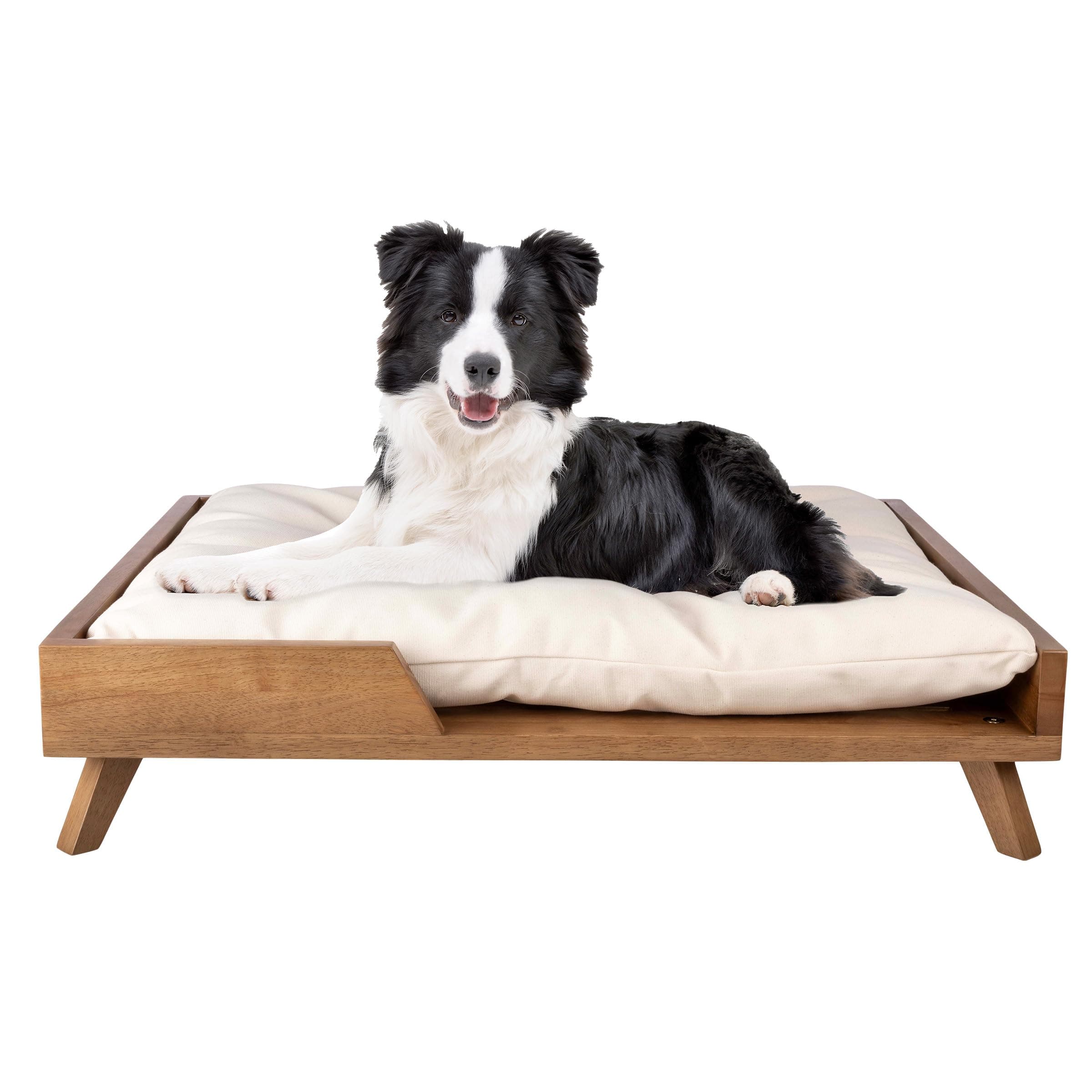 Elevated Dog Bed - 36” x 29.5” Indoor Pet Bed with Frame and Soft Cushion - Mid-Century Modern Wood Dog Bed for Medium to Large Pets by PETMAKER (Natural)