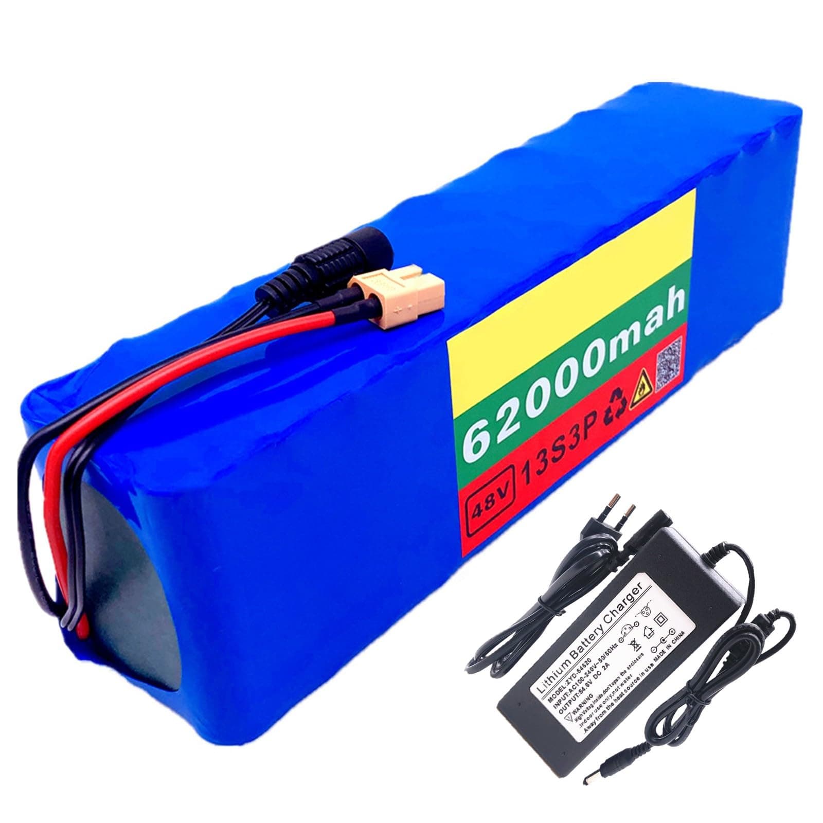 48V 62Ah E-Bike Lithium Ion Battery Pack with BMS Protection, Compatible with 200-1000W Electric Bike Motors, Includes Charger & XT60 Plug for Enhanced Performance