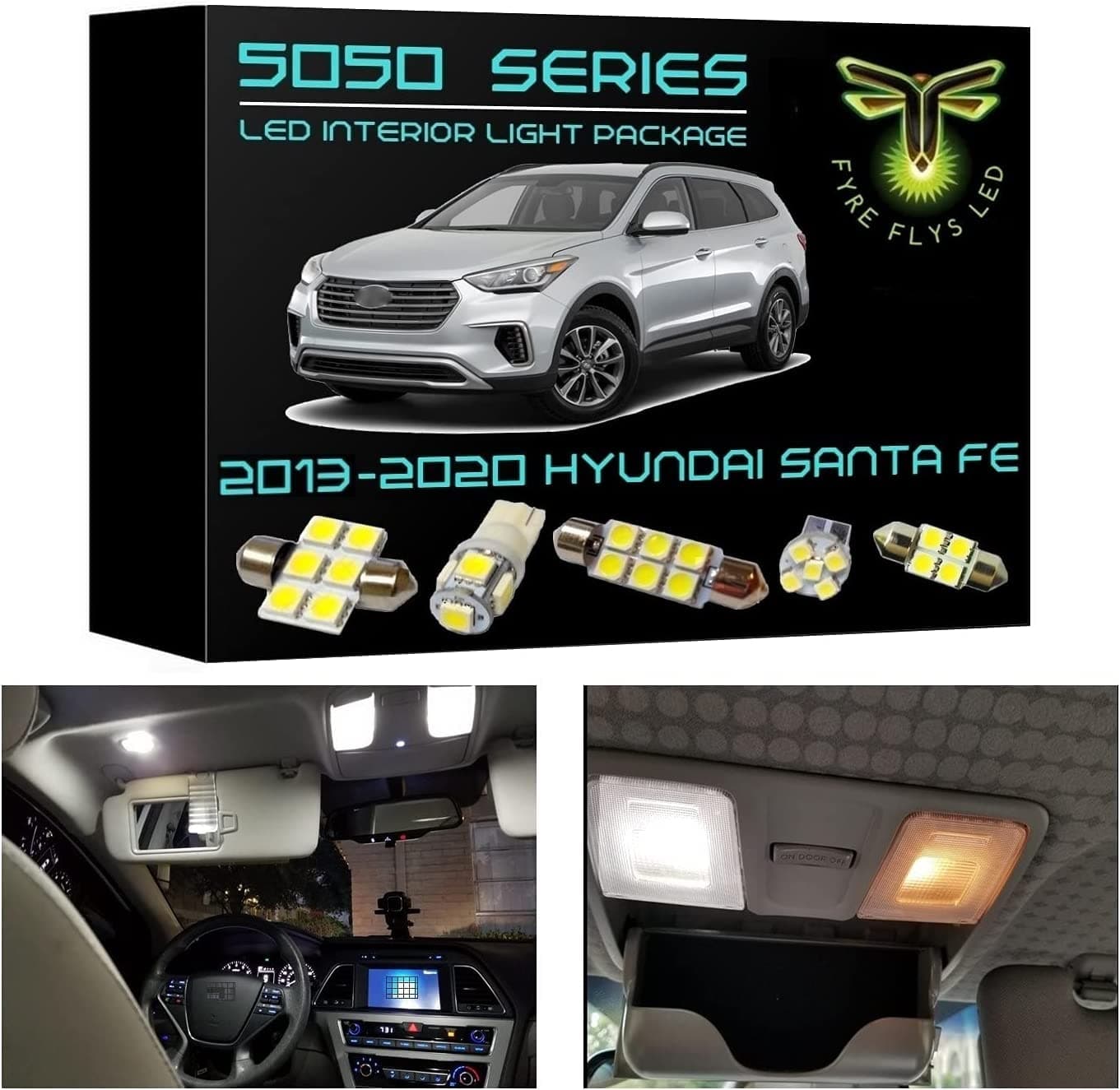 11 Piece White LED Interior Lights for 2013-2020 Hyundai Santa Fe 6000K 5050 Series SMD Package Kit and Install Tool