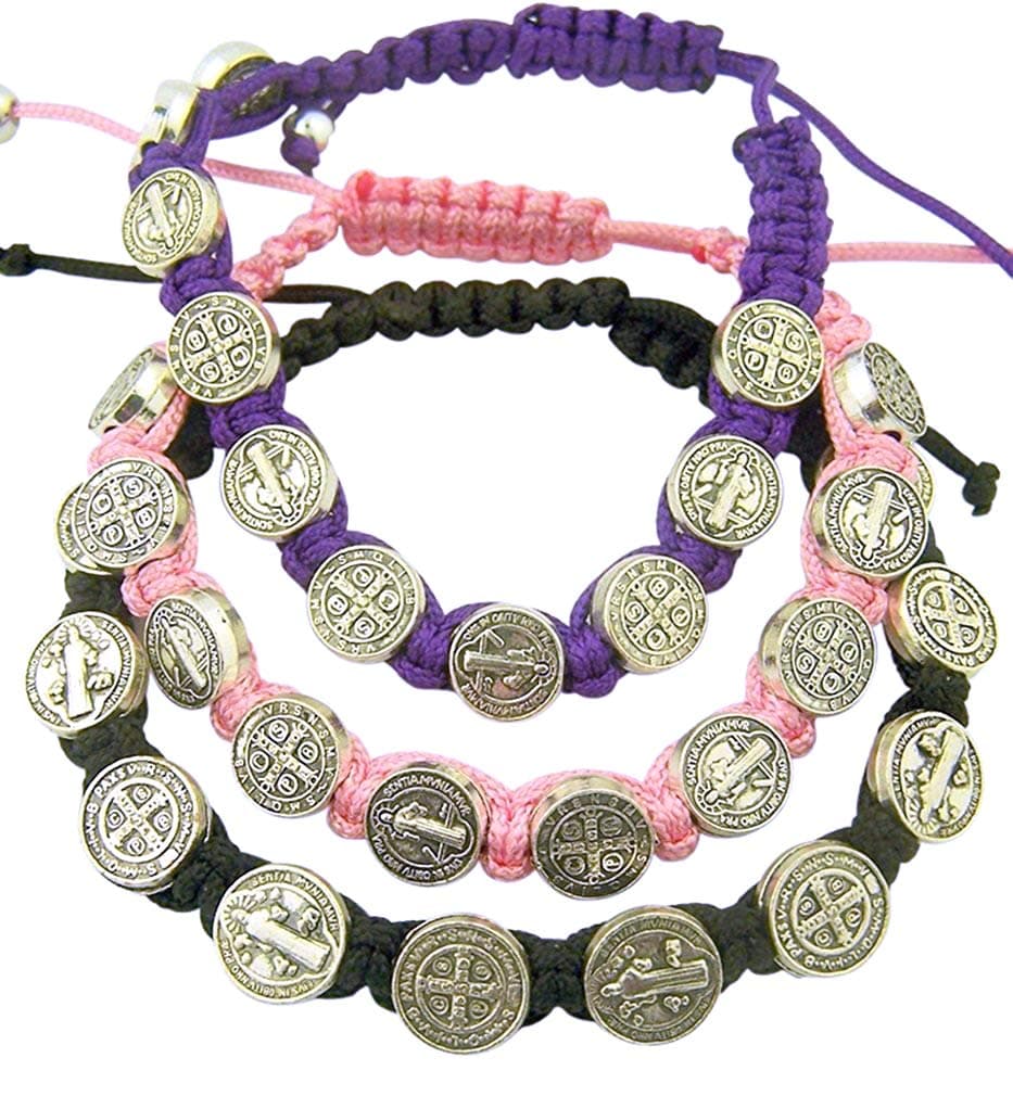 Catholic Brands Saint Benedict Evil Protection Medal on Adjustable Cord Bracelet, Set of 3, 8 Inch