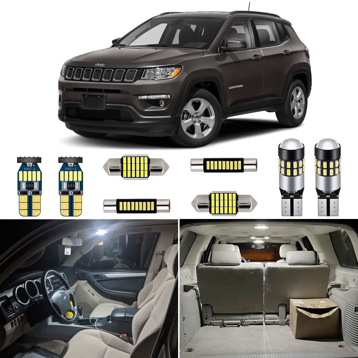 11 Piece CANBUS LED Interior Lights Kit for Jeep Compass 2017 2018 2019 2020 Super Bright 6000K White Interior LED Light Bulbs Package + Install Tool
