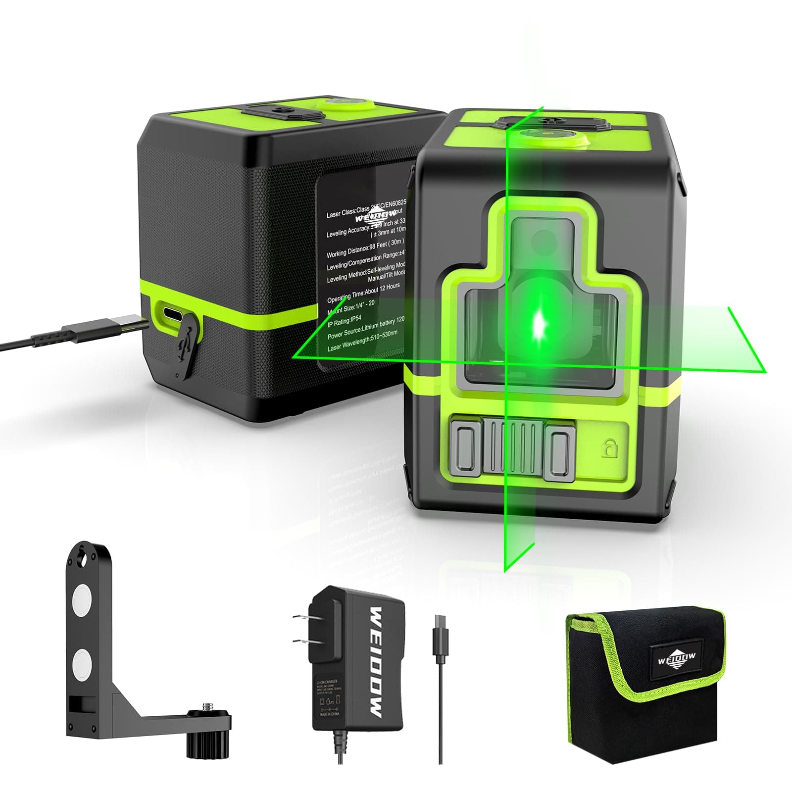 Laser Level Self-Leveling Laser Level Tool Green Cross Line Lazer Level for Construction Indoor Project,Picture Hanging, DIY with 360° Magnetic Pivoting Base, Carrying Bag,Battery