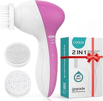 COSLUS Facial Cleansing Brush Silicone Face Scrubber: 2 in1 FBS-D Electric Exfoliating Device Waterproof Deep Cleaning Exfoliation Rotating Spa Machine - Electronic Skincare Wash Spinning System