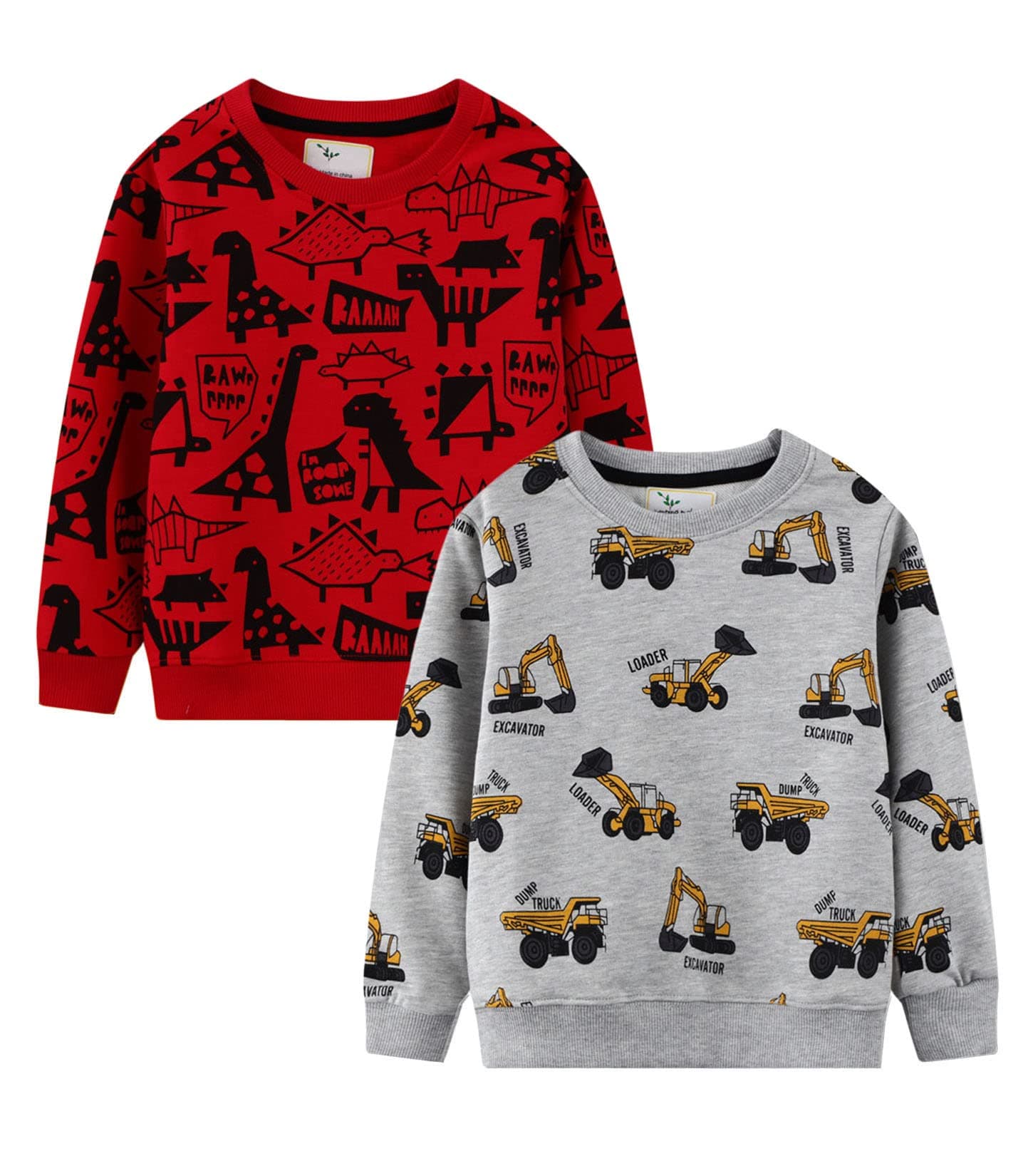 LOKTARC 2 Pack Toddler Boys Sweatshirts Patterned Long Sleeve Pullover Crewneck Tops Shirts