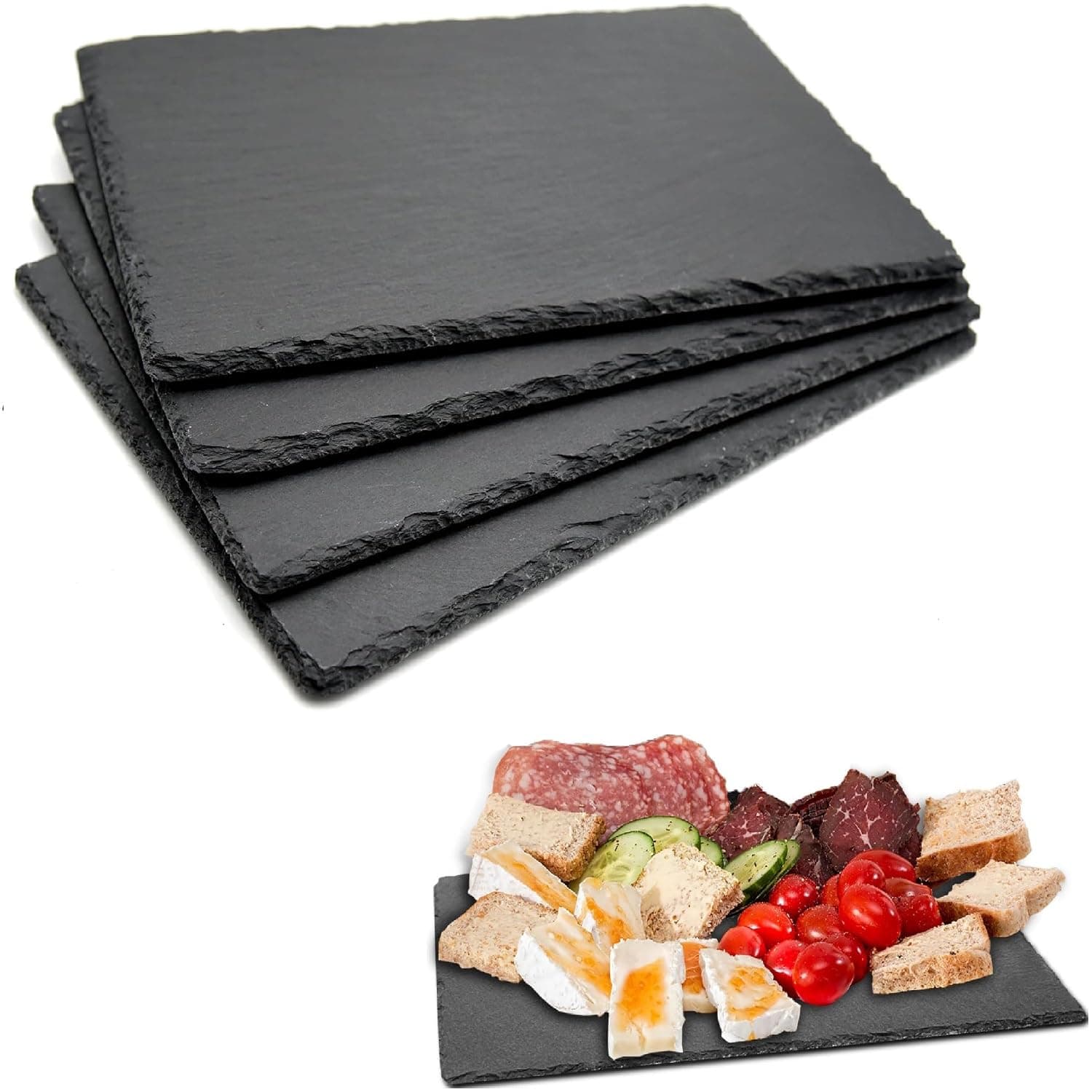 12 x 8 In 4 Pack Slate Cheese Boards, Black Stone Plates Charcuterie Boards Gourmet Serving Tray Cheese Platter Display Chalkboard for Sushi, Party, Gift, Meat, Appetizer