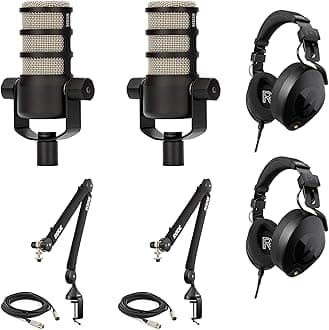 Rode PodMic Dynamic Podcasting Microphones (Pair) with Rode PSA1+ Professional Studio Boom Arms, Rode NTH-100 Professional Closed-Back Over Ear Headphones, XLR Cables and Polishing Cloth