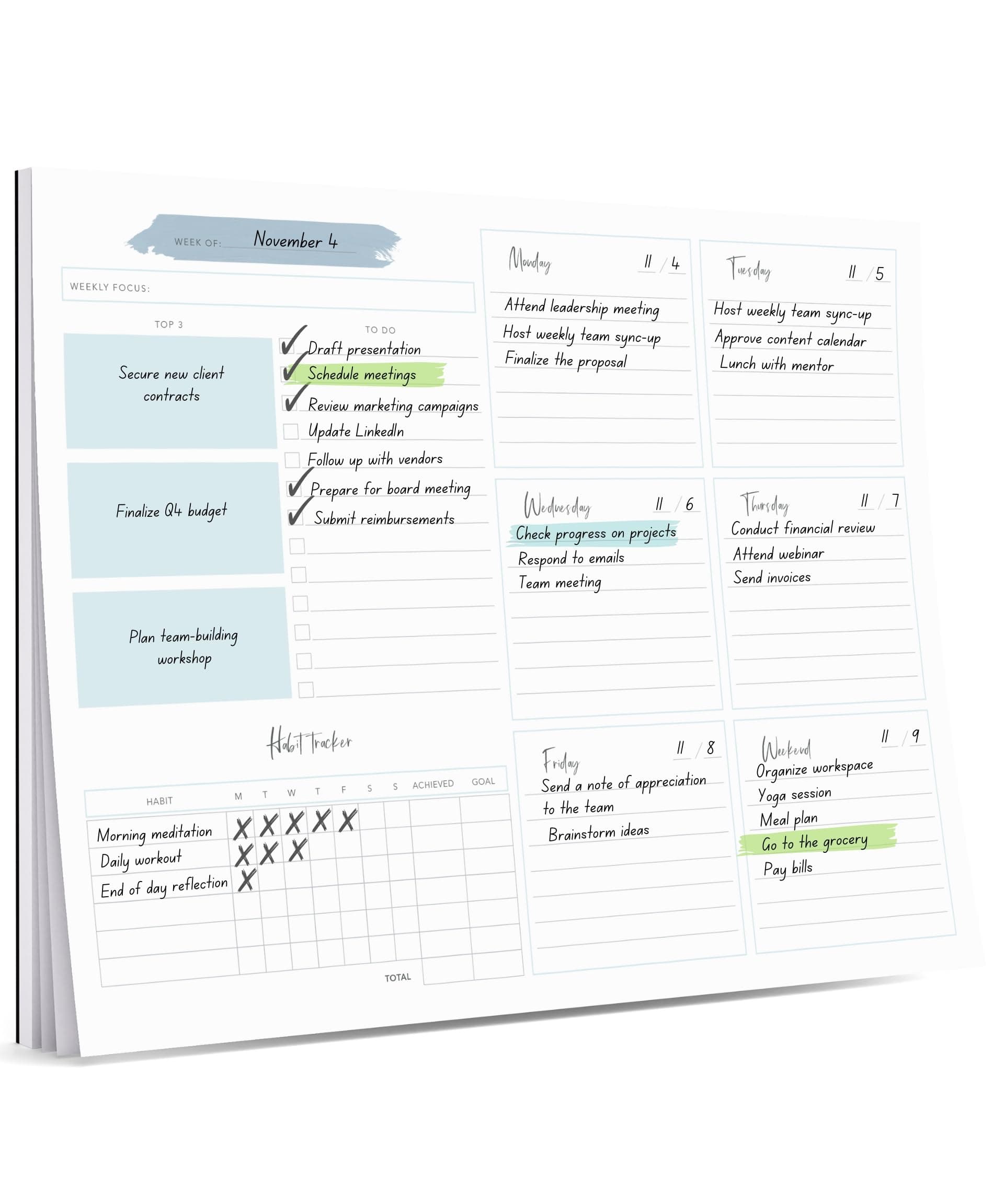 Weekly Planner Notepad - 52 Undated Calendar Pad With Tear-Off To-Do List, Study and Academic Notebook, Desk and Week Organizer - Productivity Tool 10.1 x 7.7'