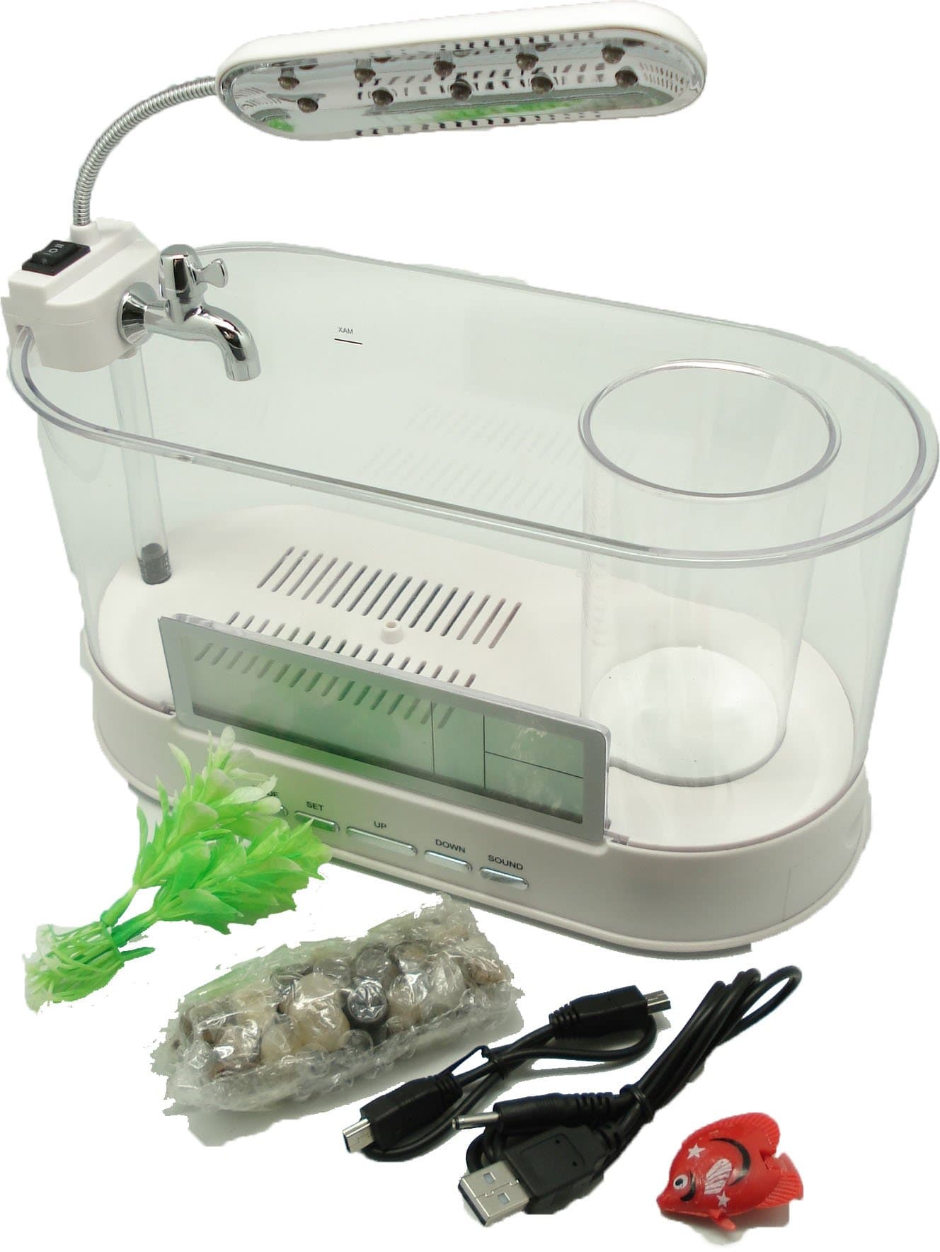 Oval USB Desktop Aquarium 1.8litre White with White LED and 2 Colored LED Lamp and Date, Time with Alarm Clock and Natural Sound and room temperature