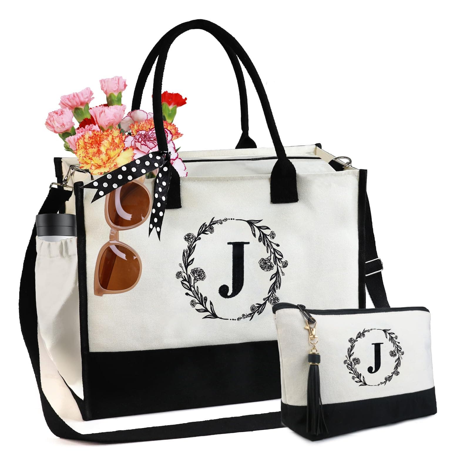 BeeGreen Initial Canvas/Jute Tote Bag Personalized Bag for Wedding, Birthday, Beach, Gift for Women, Mom, Teacher,Friend