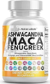 Clean Nutraceuticals Ashwagandha Maca Root Fenugreek Supplement with Tongkat Ali Ginseng - Assists with Stress, Mood & Thyroid - Ashwagandha Capsules Fenugreek Caps - 1 Pack