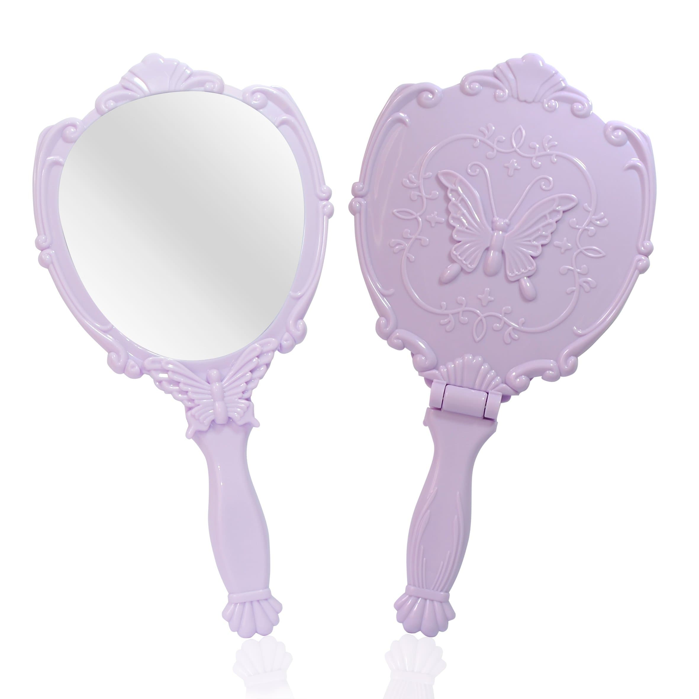 VrHere MirriM Embossed Butterfly Handheld Mirror with Folding Handle, Princess Style Girls Mirror with Handle, Purple