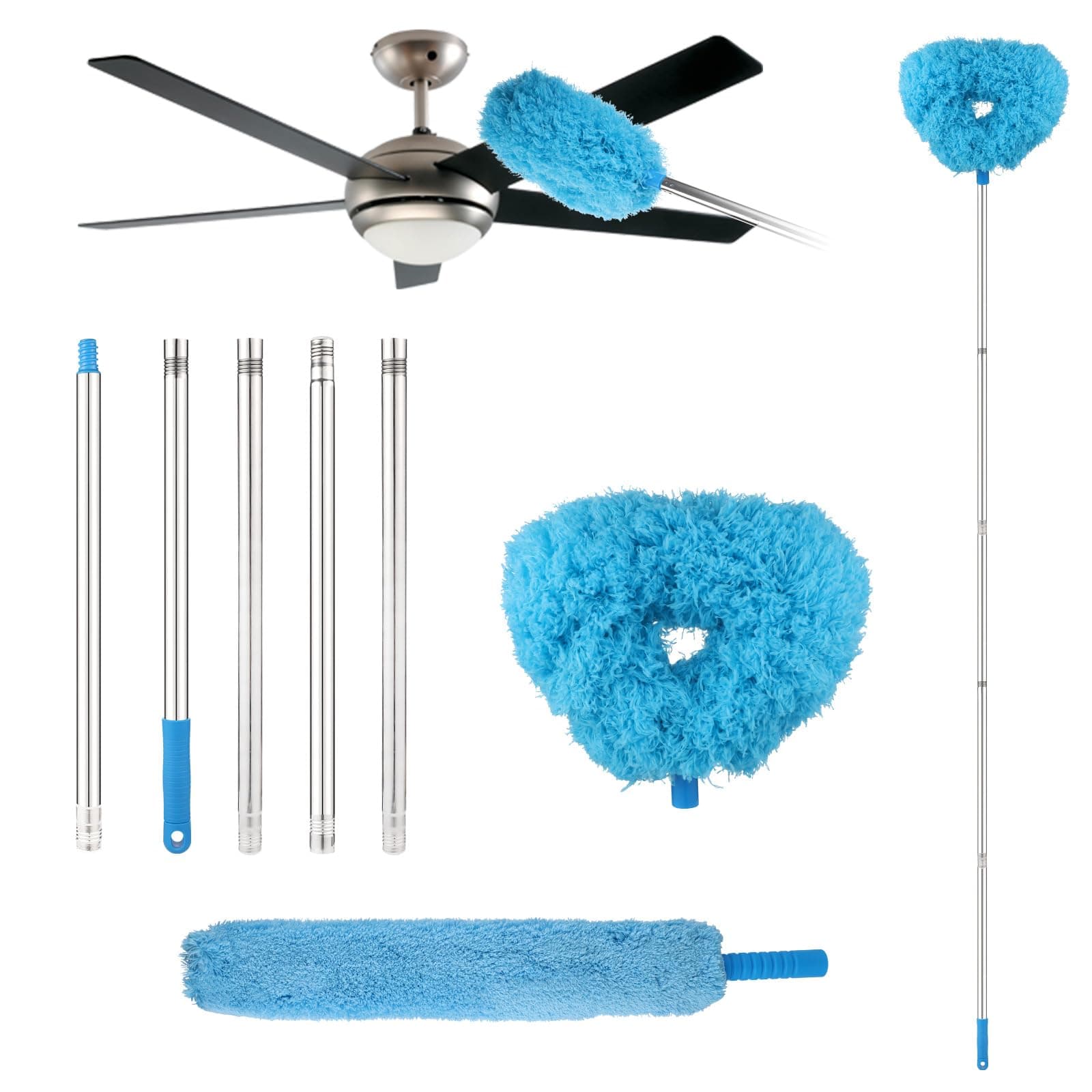 Ceiling Fan Cleaner Duster,Reusable Ceiling Fan Blade Cleaner Removable Duster with Extension Pole from 42 to 89 Inches for High Ceiling Fan, Furniture, Windows,Blinds, Car (Blue)