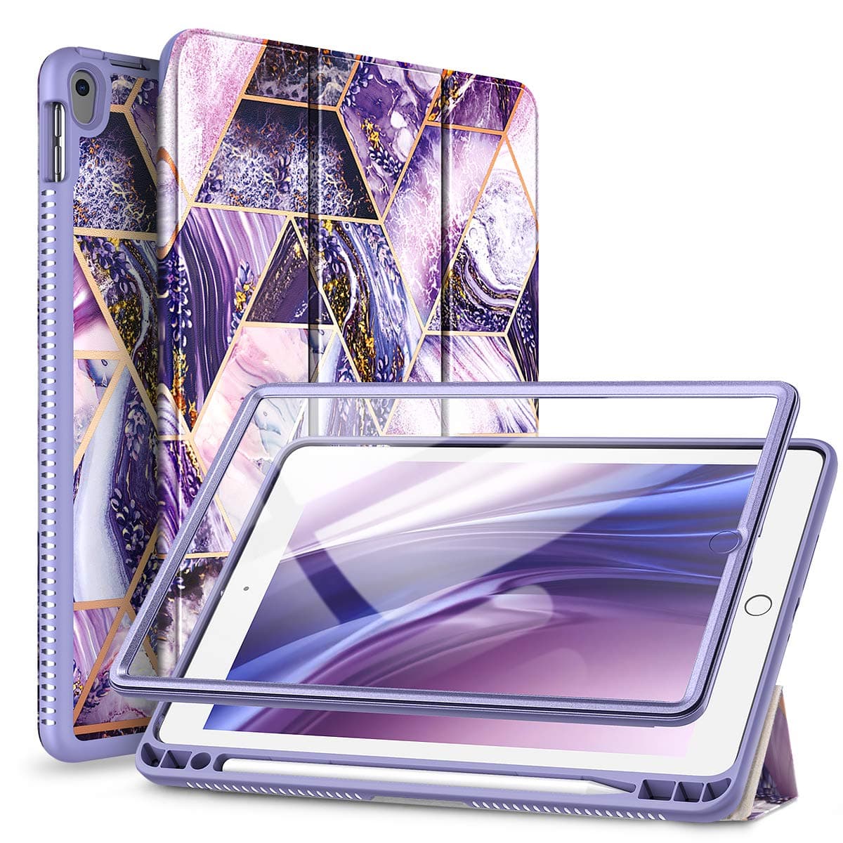 SURITCH Case for iPad Air 3 2019(3rd Gen)/iPad Pro 10.5 2017,[Built-in Screen Protector][Pencil Holder] Full Body Trifold Stand Protective Case Cover with Auto Wake/Sleep for Apple iPad-Purple Marble