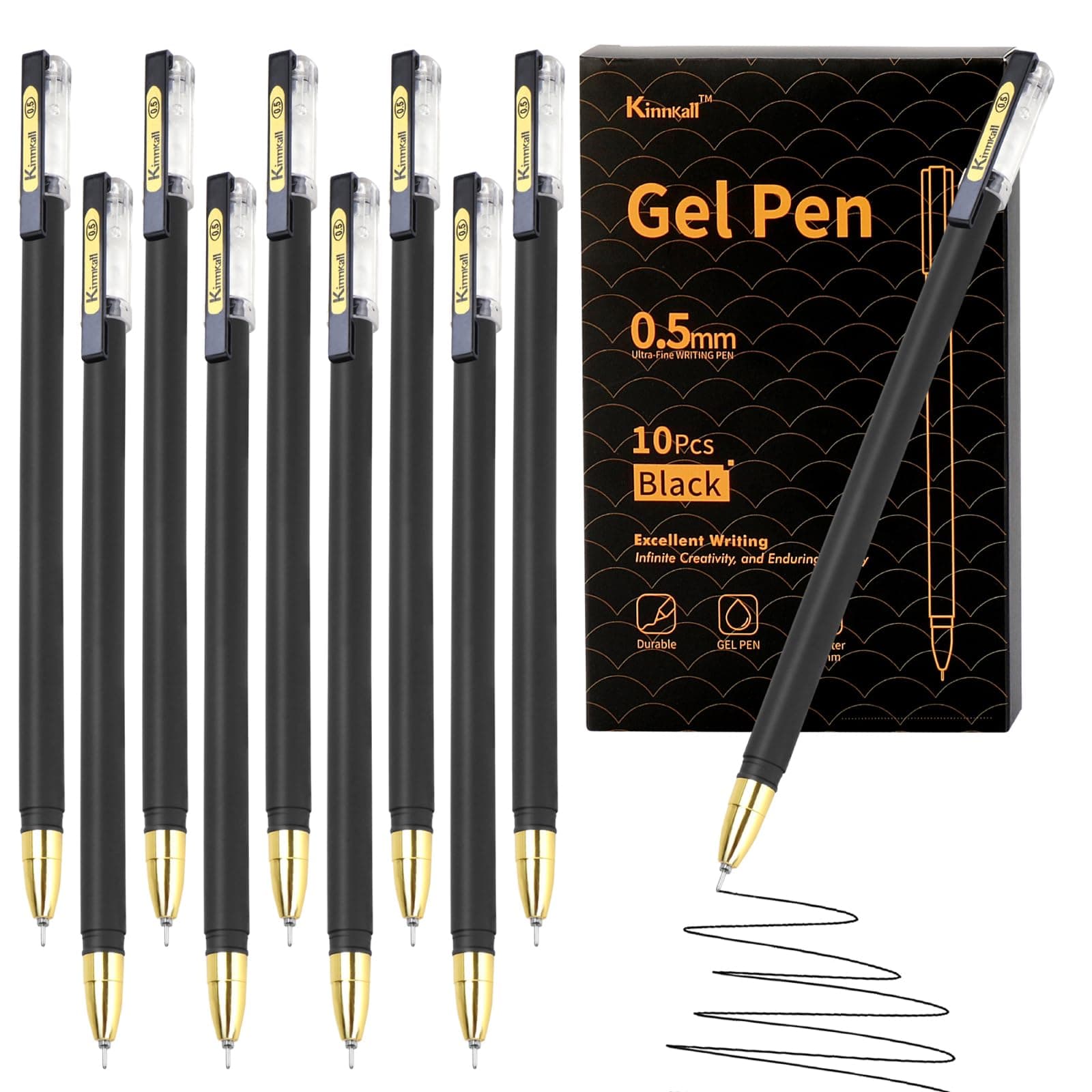 0.5mm Black Gel Pens, Fine Point Smooth Writing - Pack of 10 Bulk Ink, Rollerball Fine Tip Pens for Office School Archival Supplies