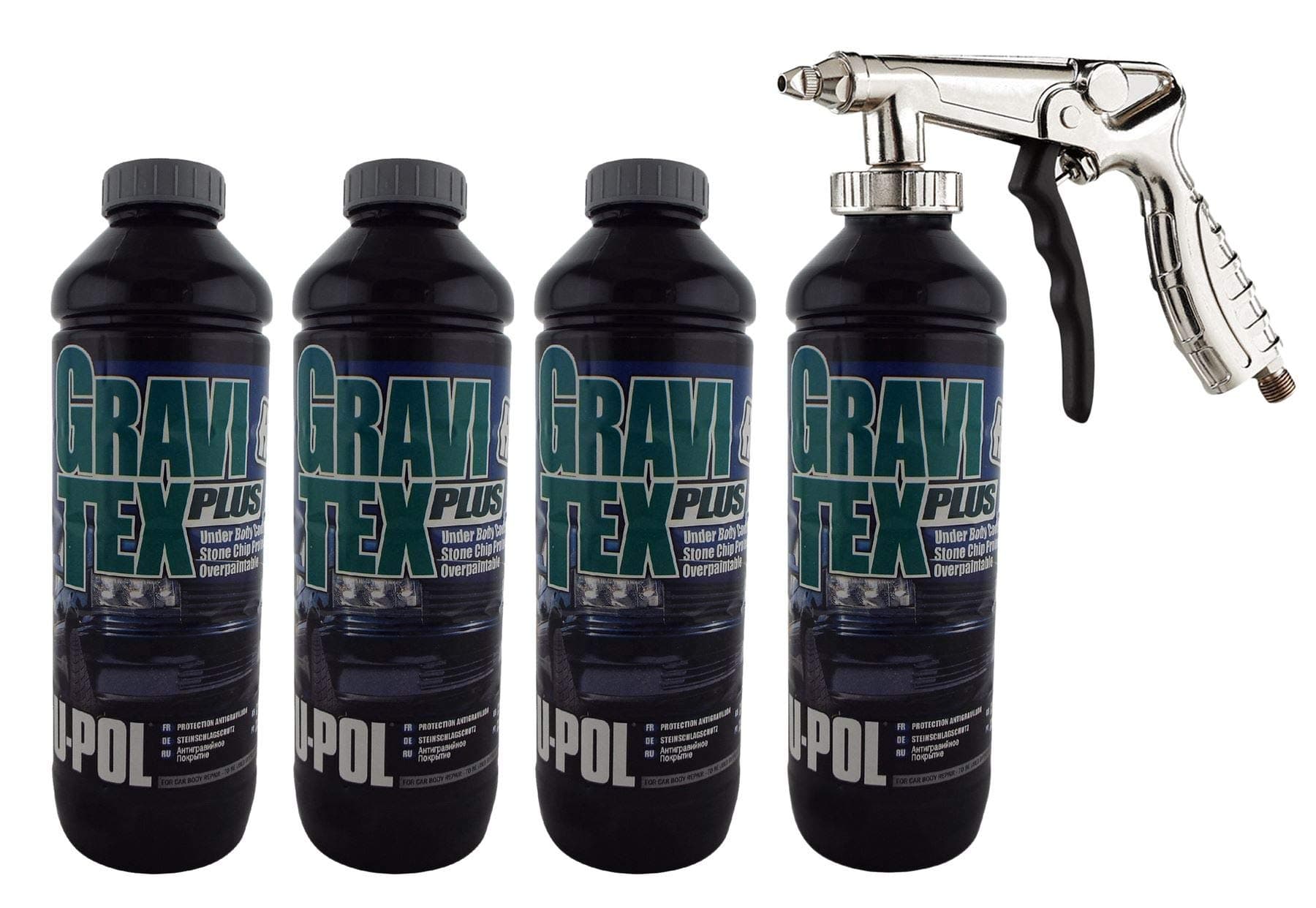 GravitexUPol Stone Chip Protector Grey 1 Litre X 4Overpaintable Chassis Protection + Air Application Gun Tough Hard Durable Coating Designed To Reproduce The Manufacturers Original Stone Chip Finish