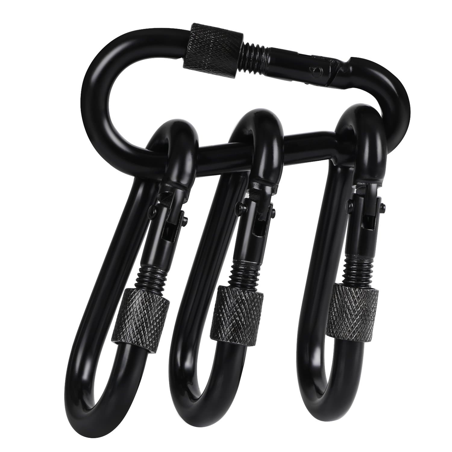 BEWISHOME 4 Pack Carabiner Hooks Hammock Locking Solid Metal D Clips with Heavy Duty 500LBS Screw Gate Hammock Locking,Quick Link for Outdoor Camping Hiking Traveling Backpacking Black & Silver HDK02
