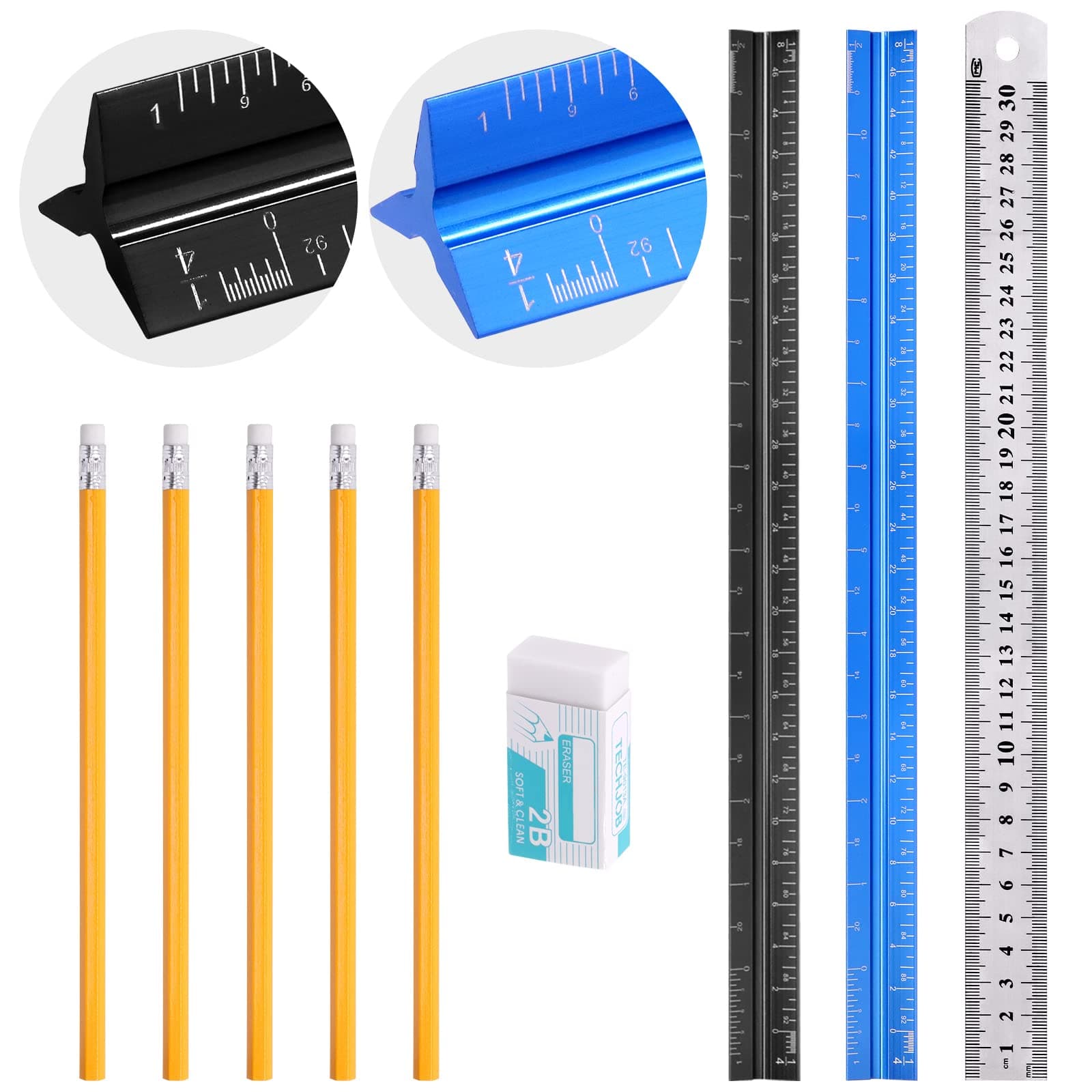 Tanstic 9Pcs Architectural Triangular Scale Ruler Set, 12 Inch Aluminum Scale Ruler Metal Ruler with Pencils and Eraser, Professional Architectural Drafting Ruler Tool