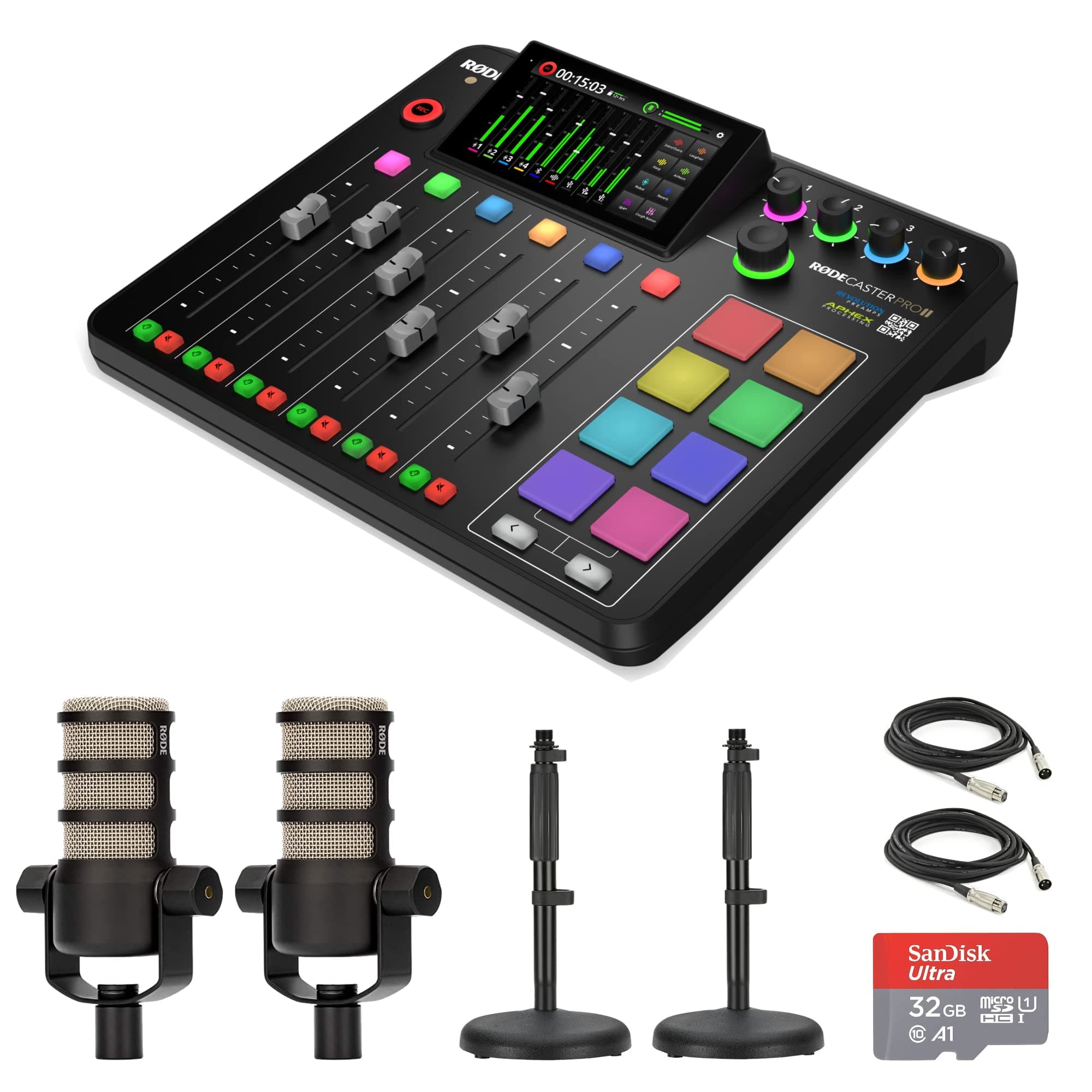 Rode RODECaster Pro II Integrated Audio Production Console with 2x Rode PodMic Dynamic Podcasting Microphones, DS1 Desktop Mic Stands, 32GB microSD Card, XLR Cables and StreamEye Cloth