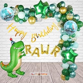 Party Town™ Dinosaur theme decoration combo for boys and girls theme birthday party with Metallic balloons | Dinosaur foil balloons | Star foil | Balloon arc | Glue dots - (Pack of 67) (Dinosaur)