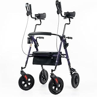 ELENKER All-Terrain Upright Rollator Walker, Stand Up Rolling Walker with 10’’Big PU Wheels and Adjustable Padded Armrests for Seniors from 4’8”to 6'4”, Purple
