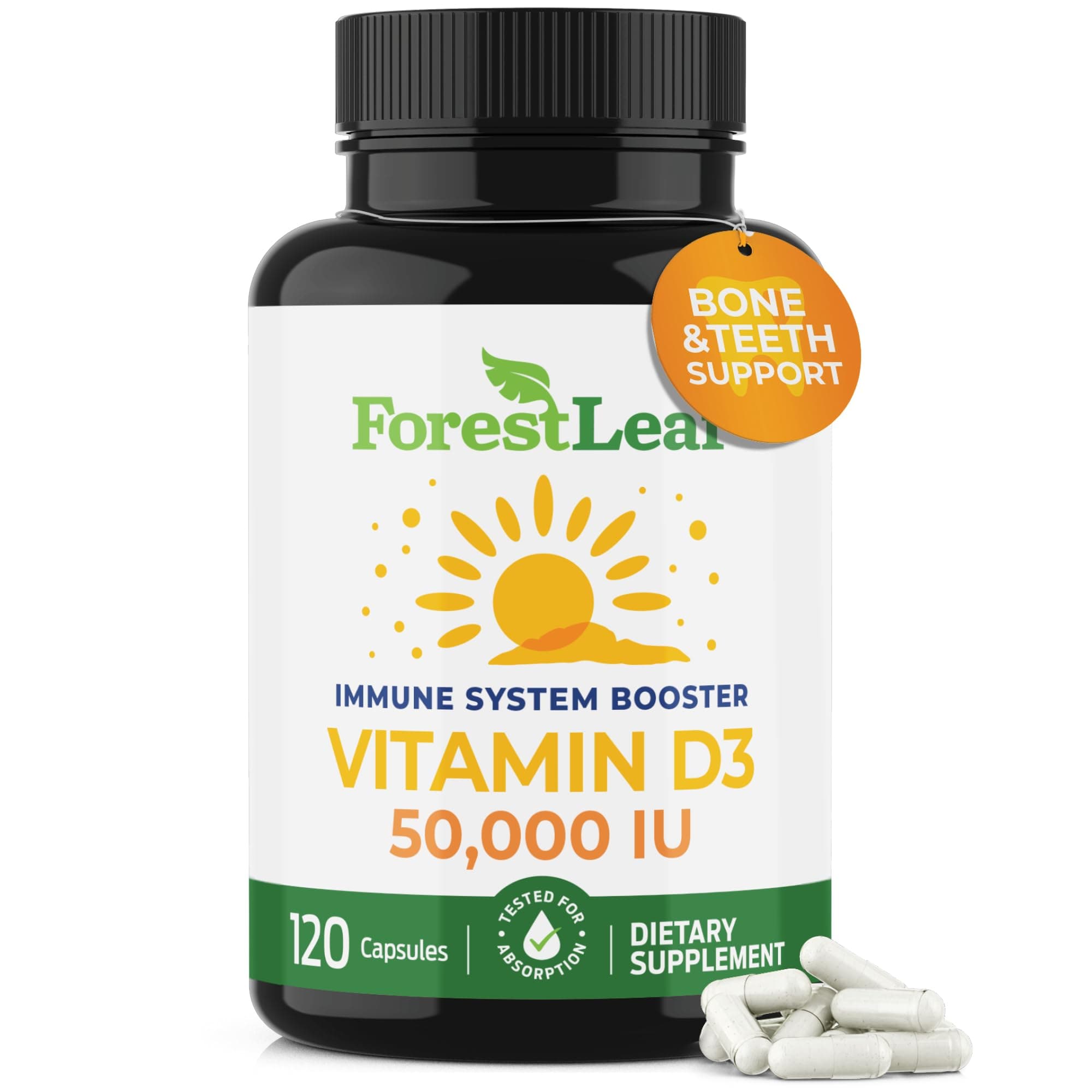 ForestLeaf Vitamin D3 50,000 IU | VIT D - Kosher VIT D3 Vitamin D Supplement for Women and Men | Bone Health, Teeth, Immune Support | Weekly Dose, 2-Year Supply, 120 Caps