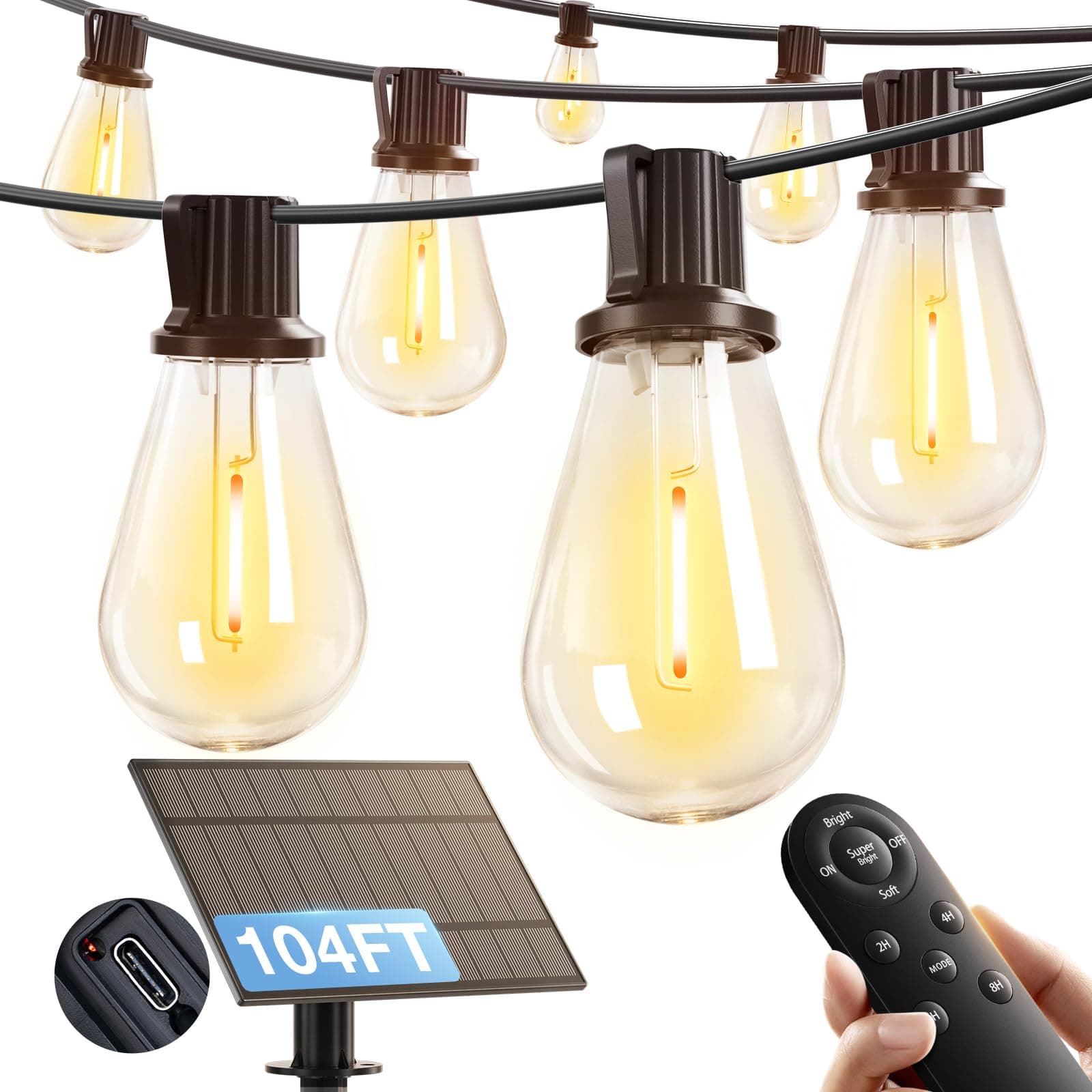 addlon 104FT(96FT+8) Solar String Lights Outdoor Waterproof with USB Port & Remote Control Solar Patio Lights for Outside Solar Powered with 34 LED Dimmable Bulbs for Porch Garden Deck Halloween