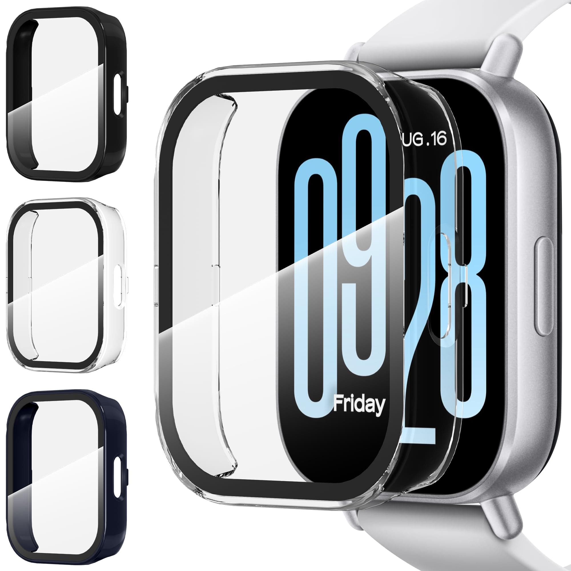 Suoman 3-Pack for Redmi Watch 5 Active Case, [Anti-Scratch] Tempered Glass Screen Protector, All-Round Hard PC Protective Cover Bumper -Black+Clear+Blue